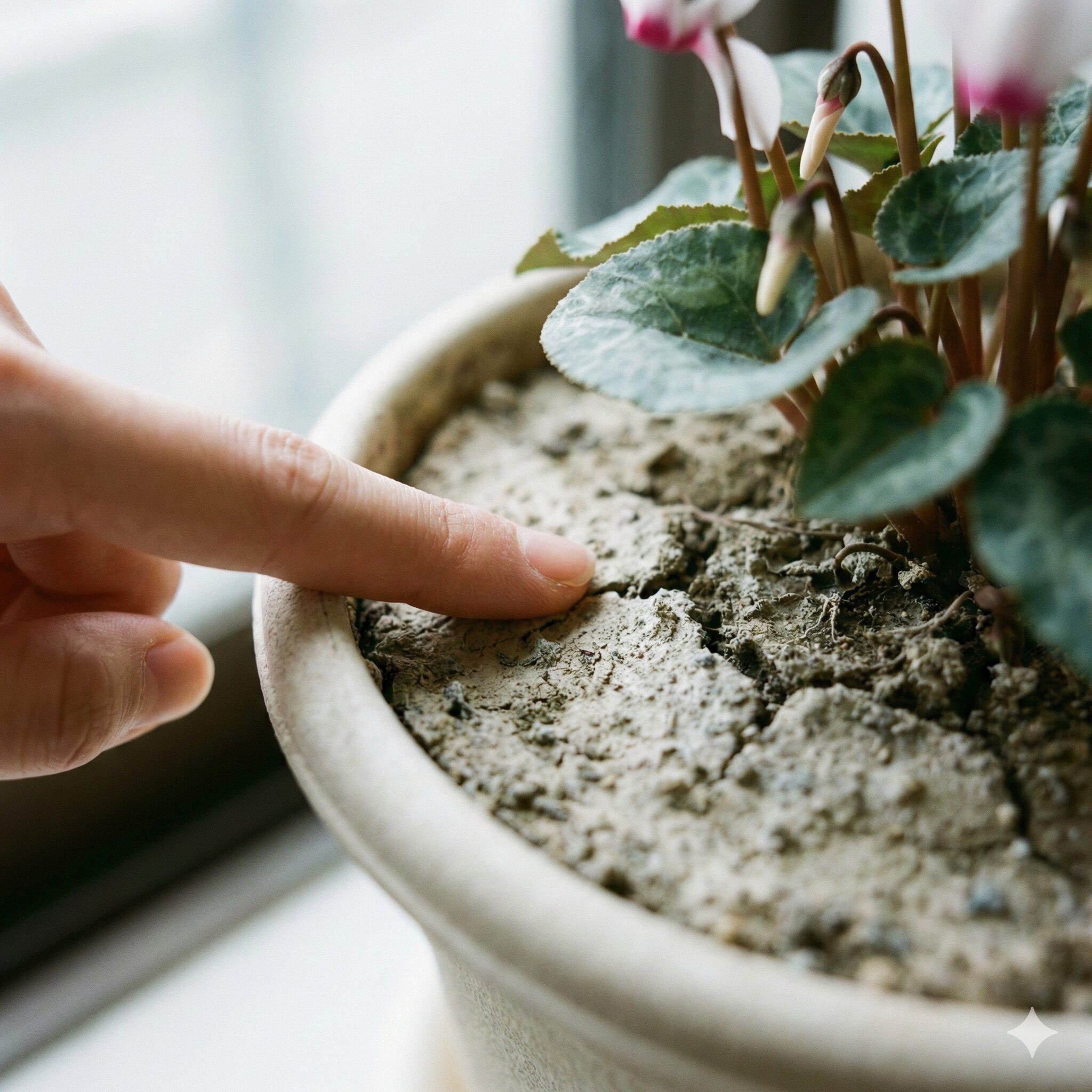 シクラメン 水やり 底面給水5　シクラメンの土の表面を触って乾燥具合と水やりのタイミングを確認する様子