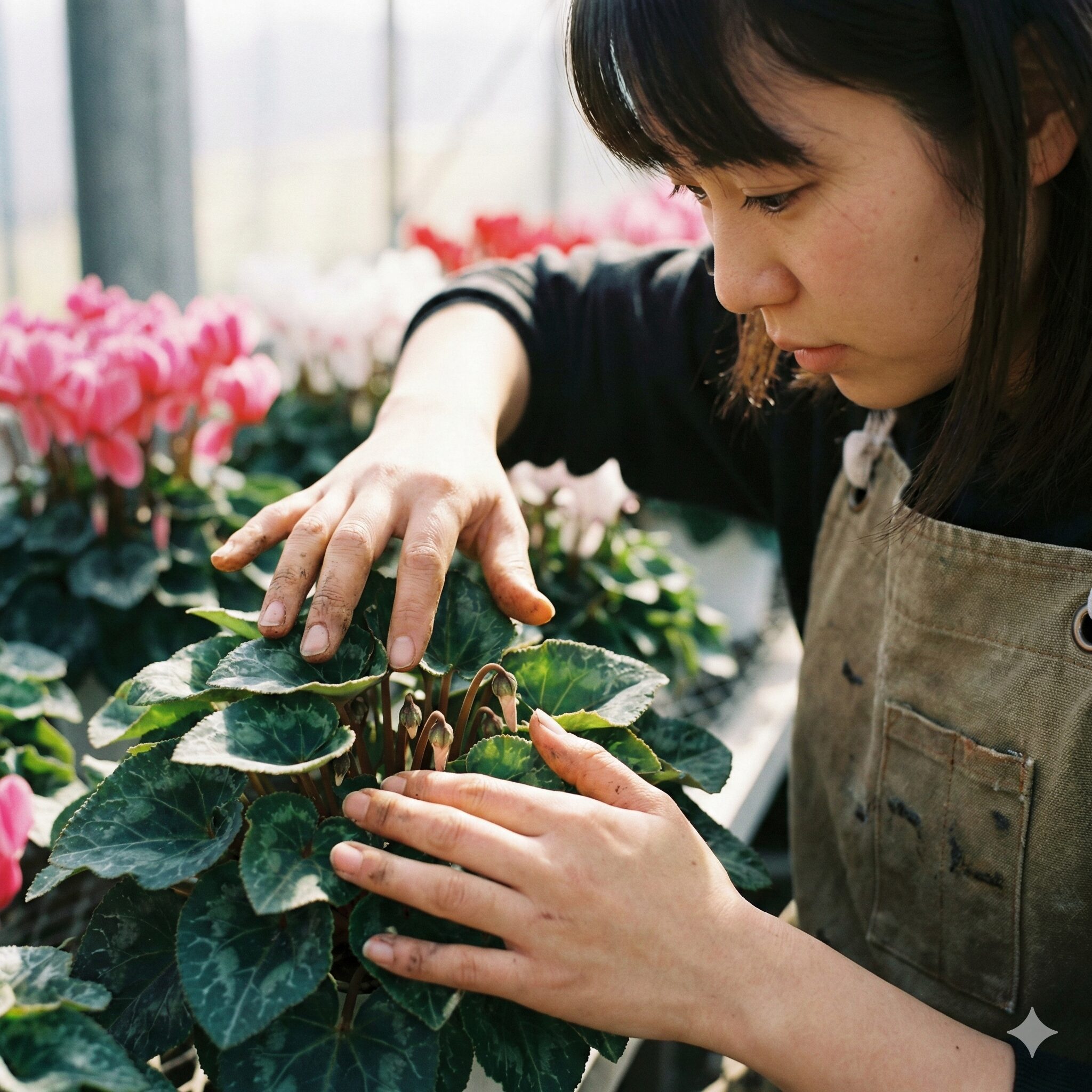 シクラメン 水やり 底面給水7　シクラメンの花立ちを良くするための葉組み作業の手順