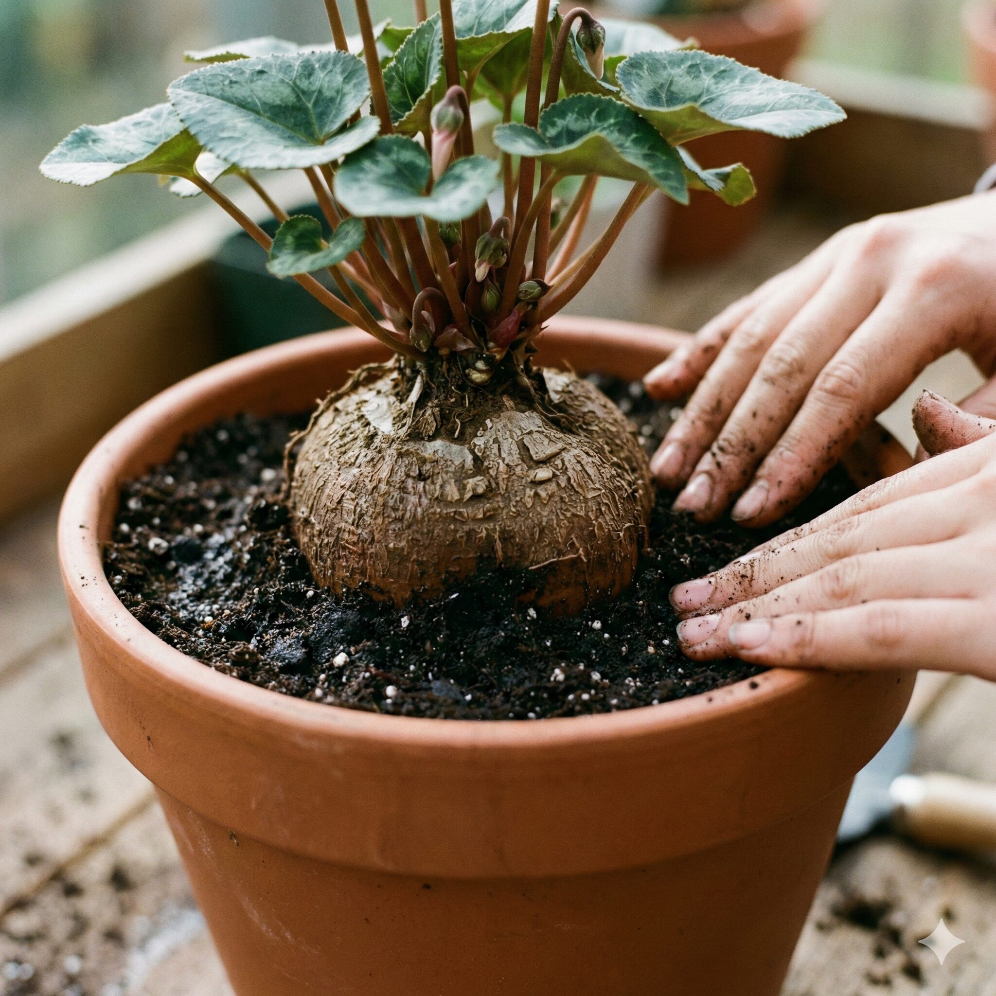 シクラメン 水やり 底面給水9　シクラメンの根腐れを防止する球根の浅植え（半分露出）の状態
