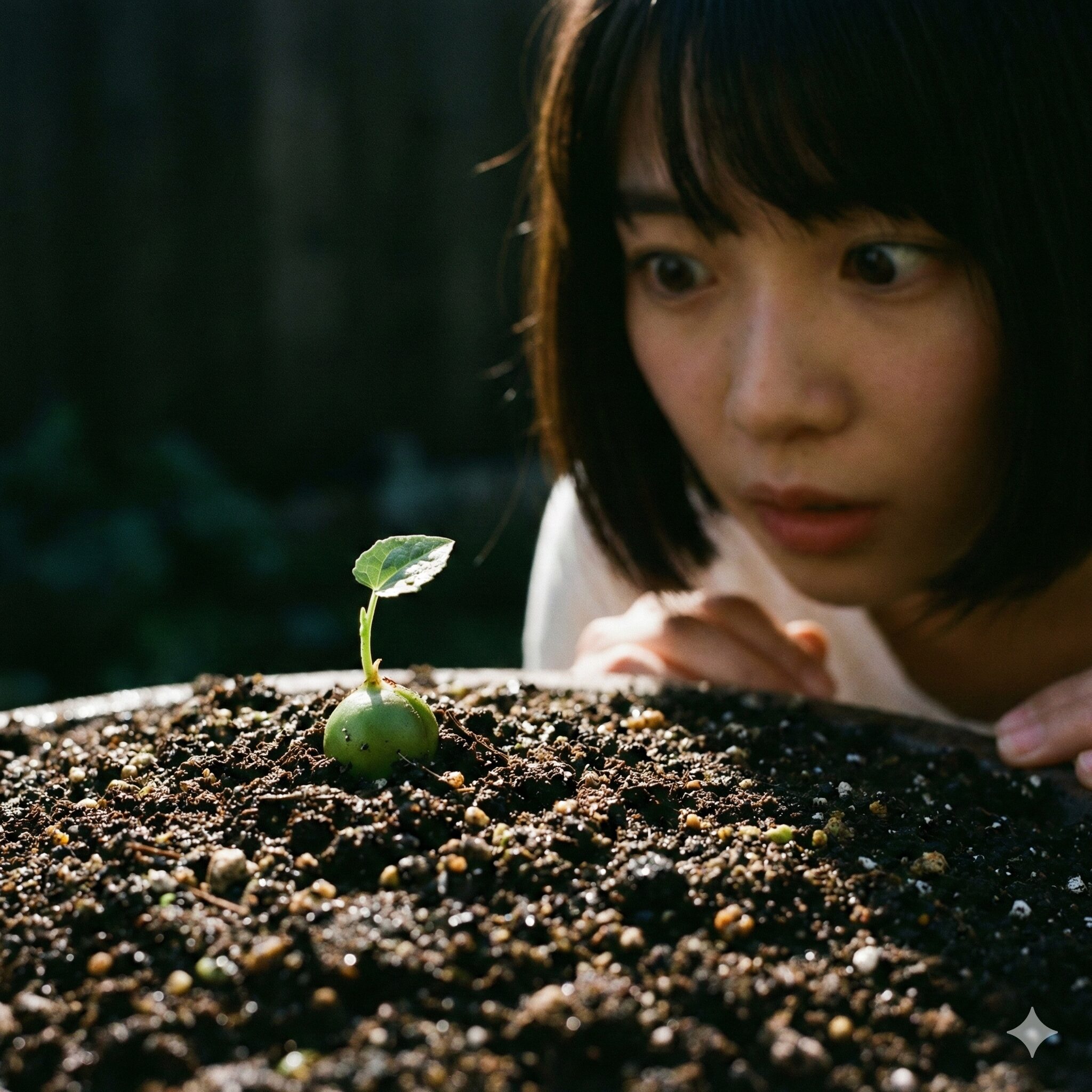 シクラメンの種の取り方10　暗い土の中から発芽したばかりのシクラメンの赤ちゃんの苗（幼苗）