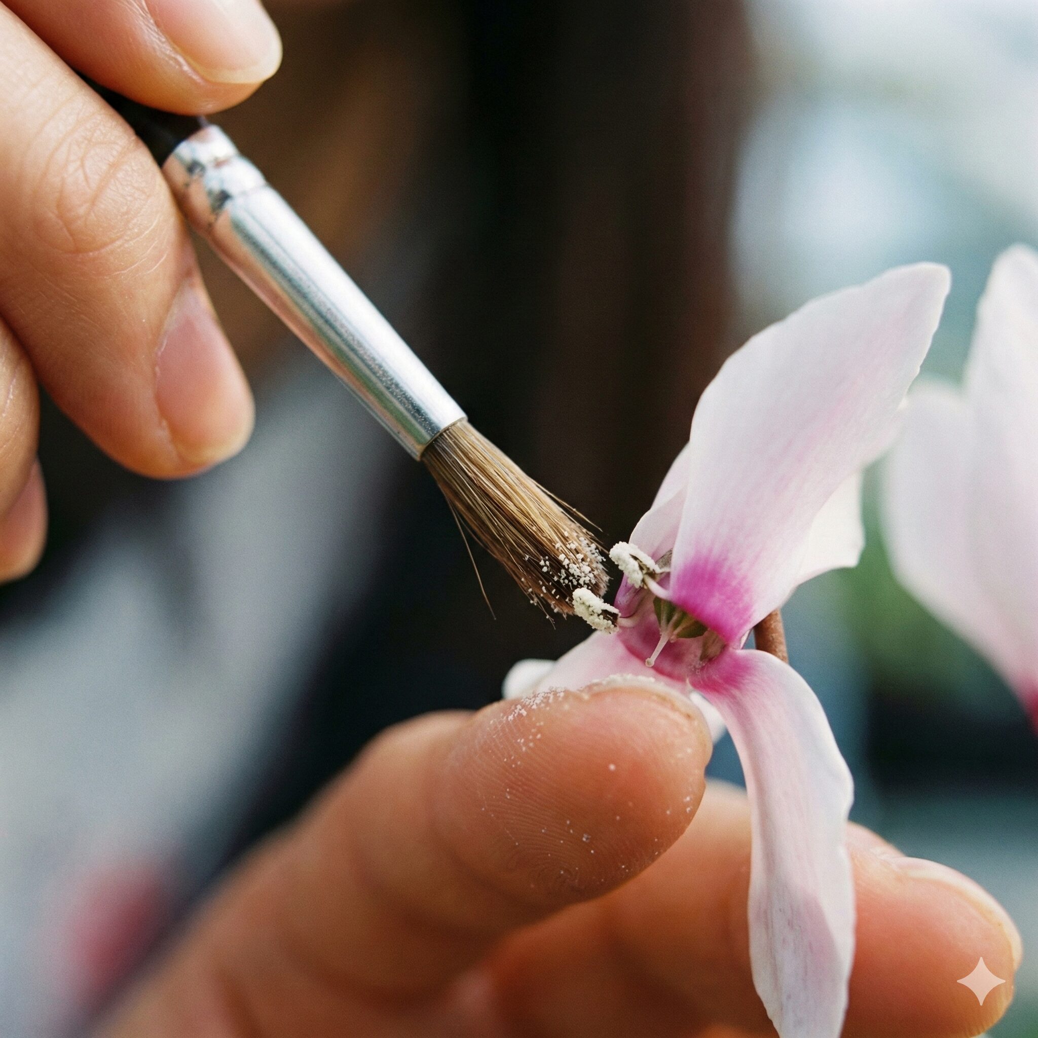 シクラメンの種の取り方2　化粧筆を使用してシクラメンの雌しべに人工授粉を行う具体的な手順の様子