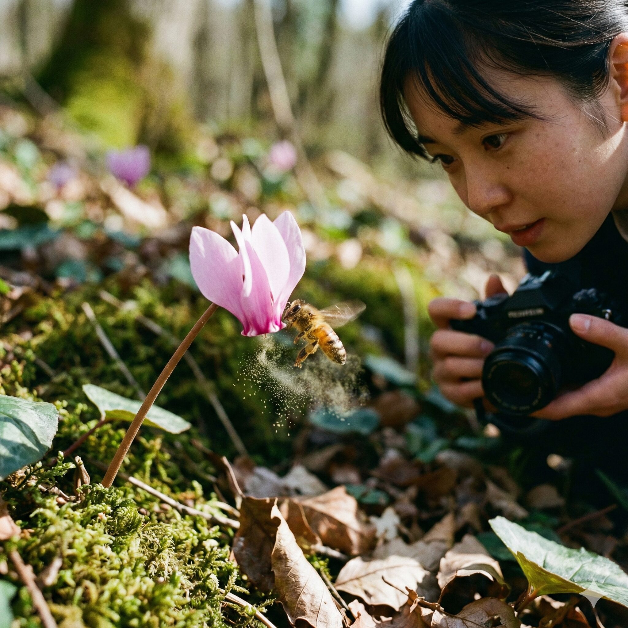 シクラメンの種の取り方4　シクラメンの花を訪れ、自然受粉を助けるポリネーター（ミツバチ）