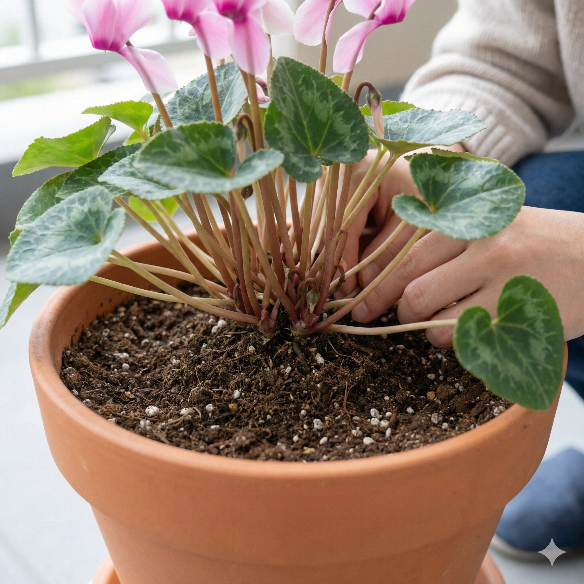 シクラメンの種の取り方5　灰色かび病を予防するために枯れ葉を取り除き清潔に保たれたシクラメンの株元