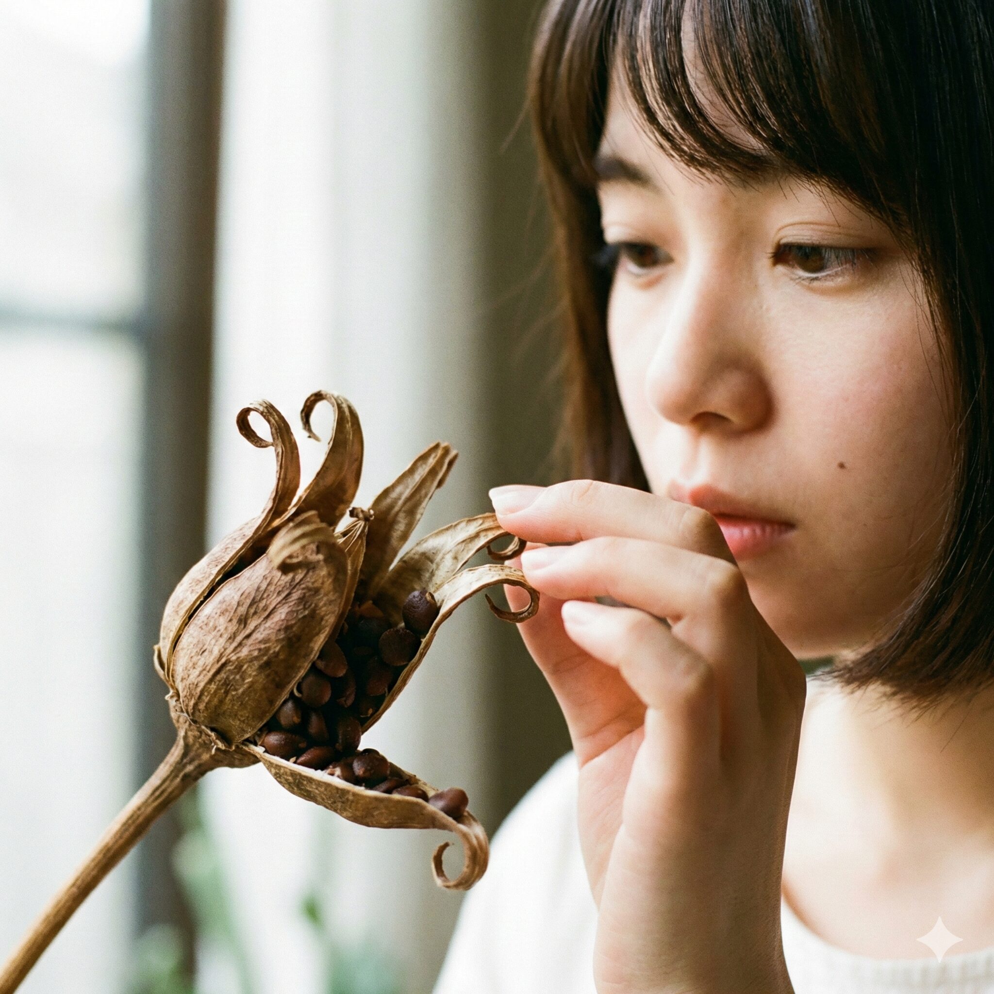 シクラメンの種の取り方6　収穫時期を迎え、茶色く乾いて先端が割れ始めた完熟したシクラメンの種子