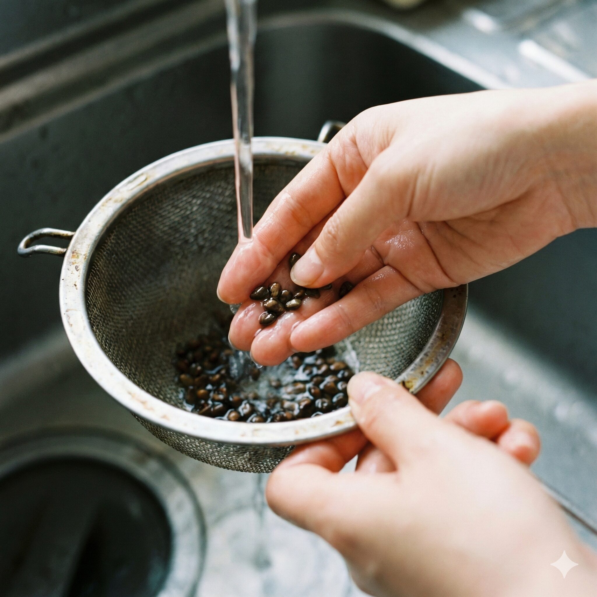 シクラメンの種の取り方7　カビ予防のために茶こしを使ってシクラメンの種を水洗いする工程
