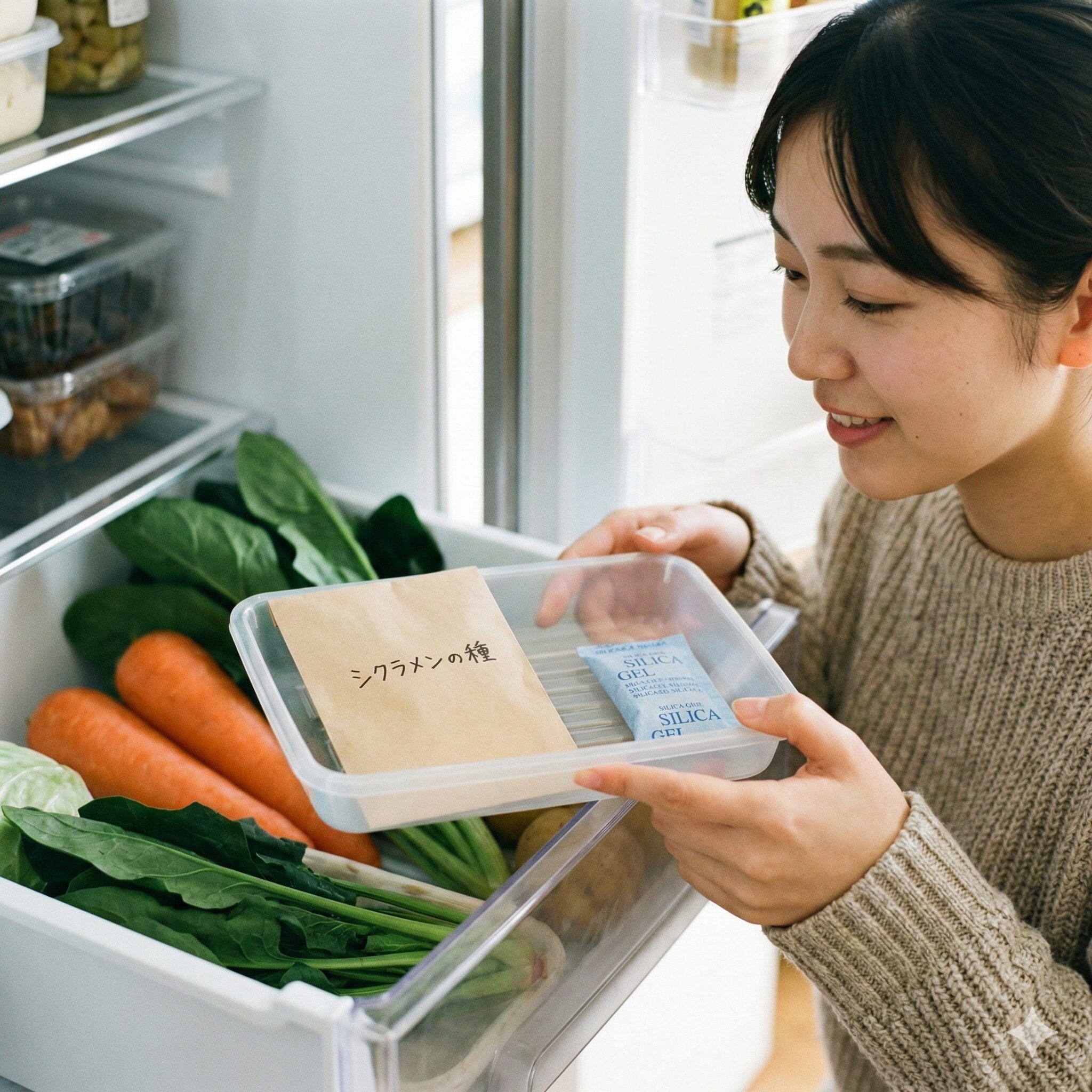 シクラメンの種の取り方8　茶封筒と乾燥剤に入れて冷蔵庫の野菜室で適切に保存されるシクラメンの種