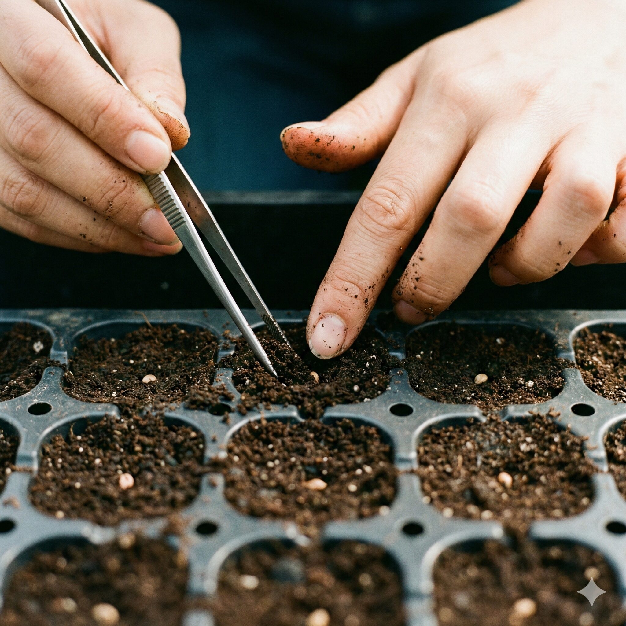 シクラメンの種の取り方9　嫌光性の性質に合わせてシクラメンの種にしっかりと覆土を行う様子