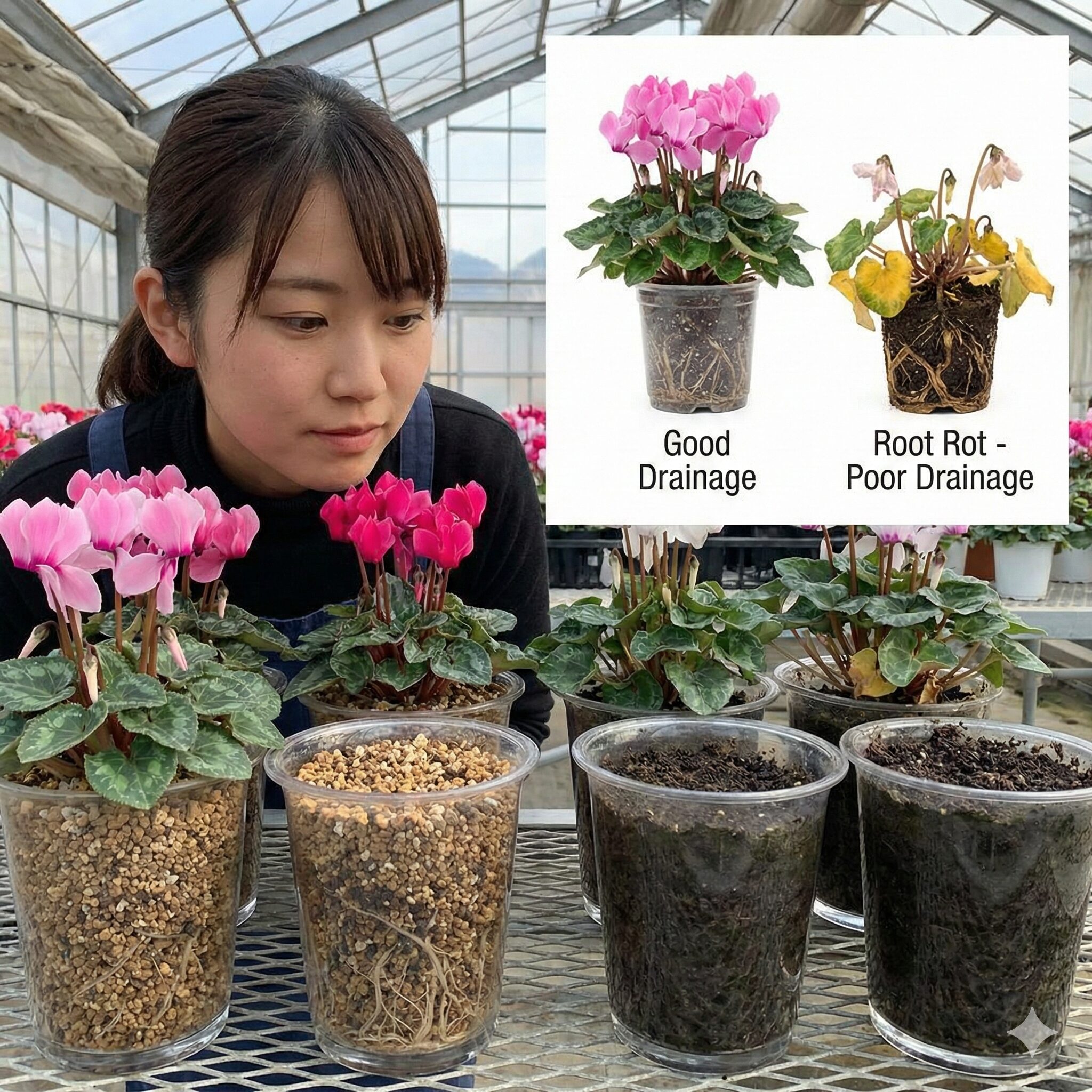 シクラメン植え替え用土1　シクラメン植え替え用土の比較写真。水はけの良い土と保水性の高い土で生育の違いを示し、適切な土選びの重要性を強調している。