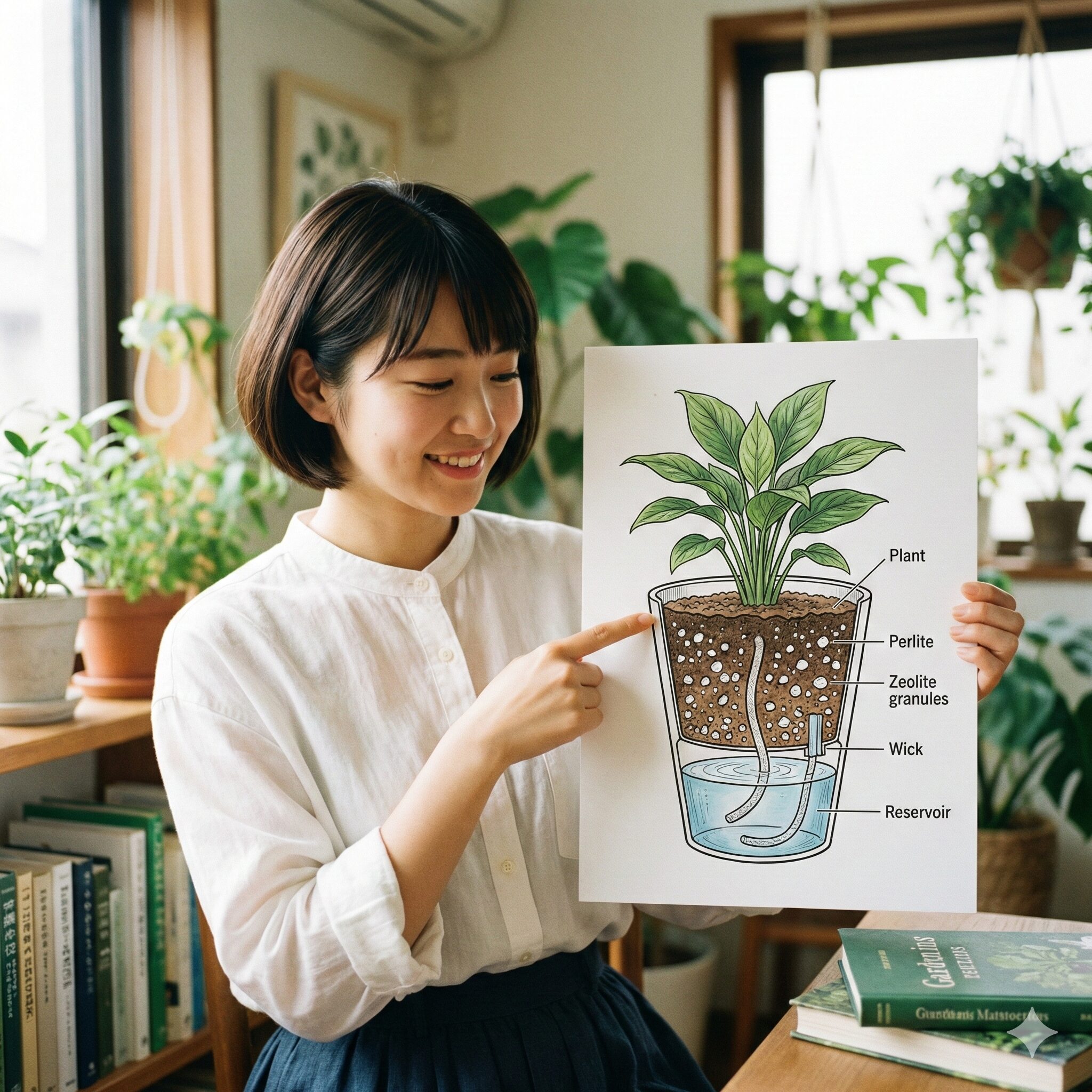 シクラメン植え替え用土10　底面給水鉢におけるシクラメン植え替え用土の水はけ強化策。パーライト増量と給水芯周りの工夫により、過湿による根腐れを防ぐ構造を解説。