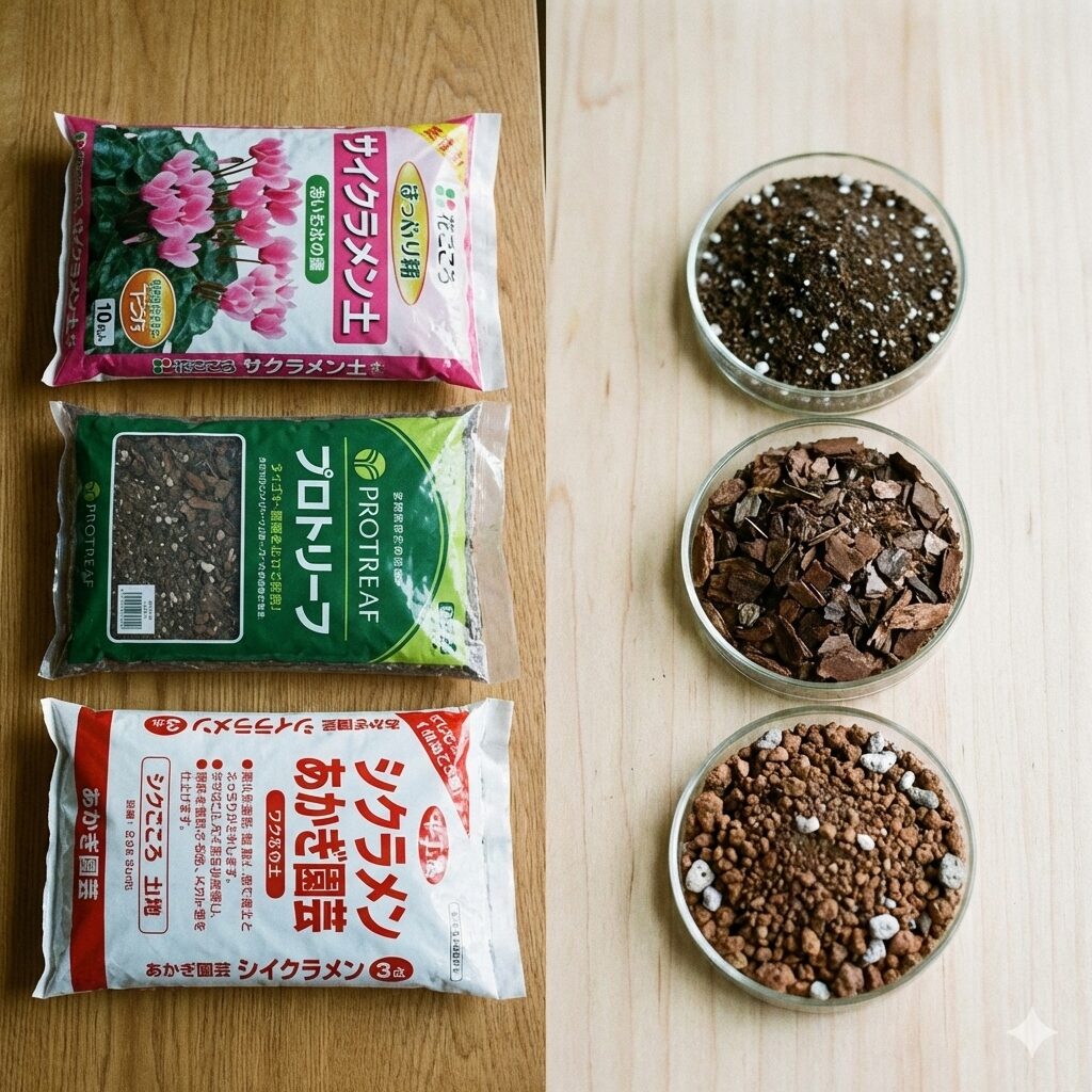 シクラメン植え替え用土4　おすすめ市販シクラメン専用土3種のパッケージと土の質感比較。それぞれの特徴（花付き、軽量、清潔）を視覚的に理解できるように提示。