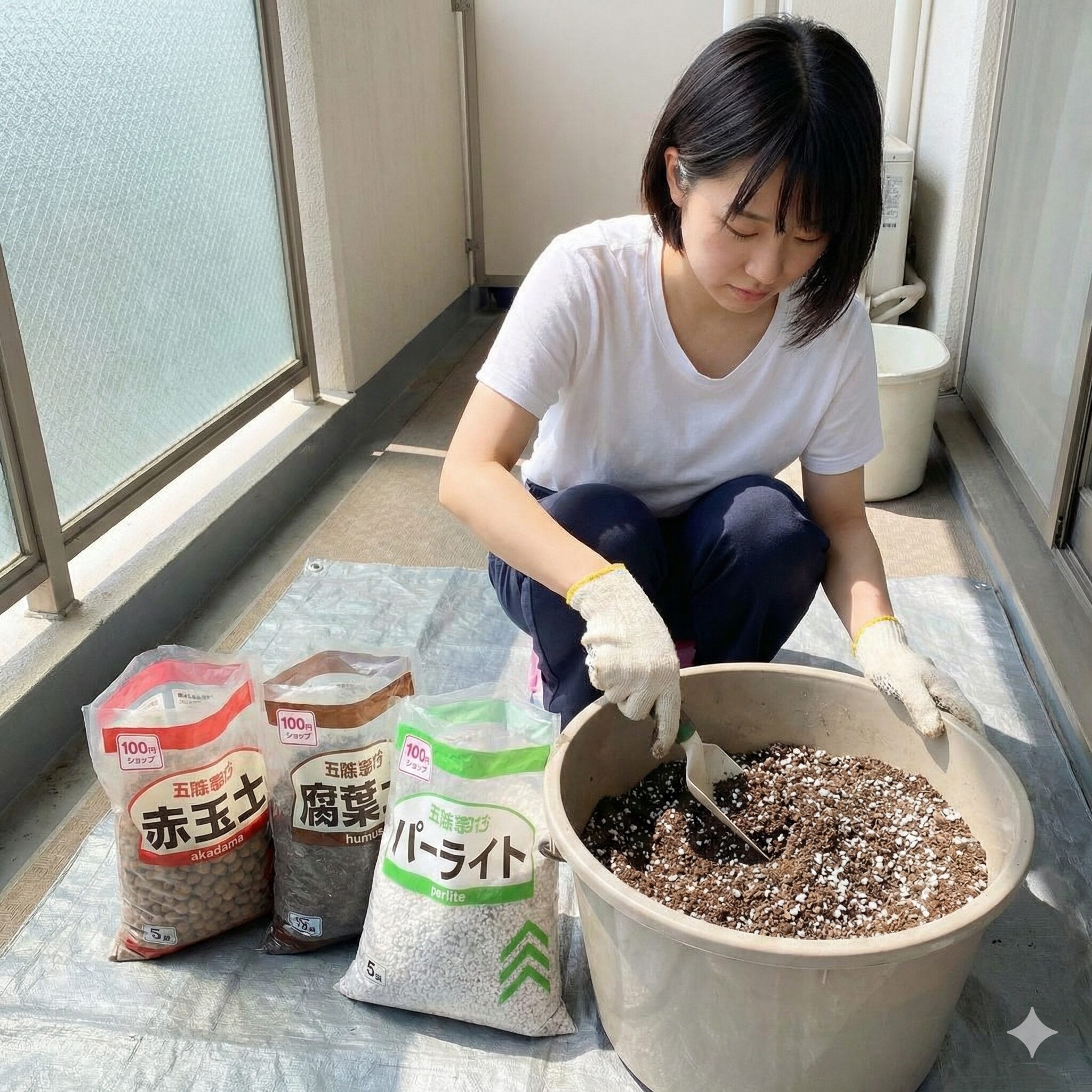 シクラメン植え替え用土5　100均資材で作るシクラメン植え替え用土の節約ブレンド。赤玉土、腐葉土、パーライトの配合で水はけを強化した土の様子。