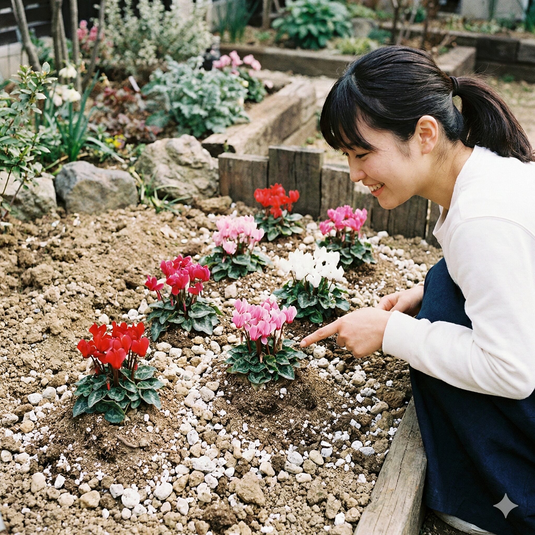 シクラメン植え替え用土7　ガーデンシクラメン向けの排水性を強化した土と高植えの様子。軽石を配合し、雨や雪による過湿から根を守る工夫を施している。