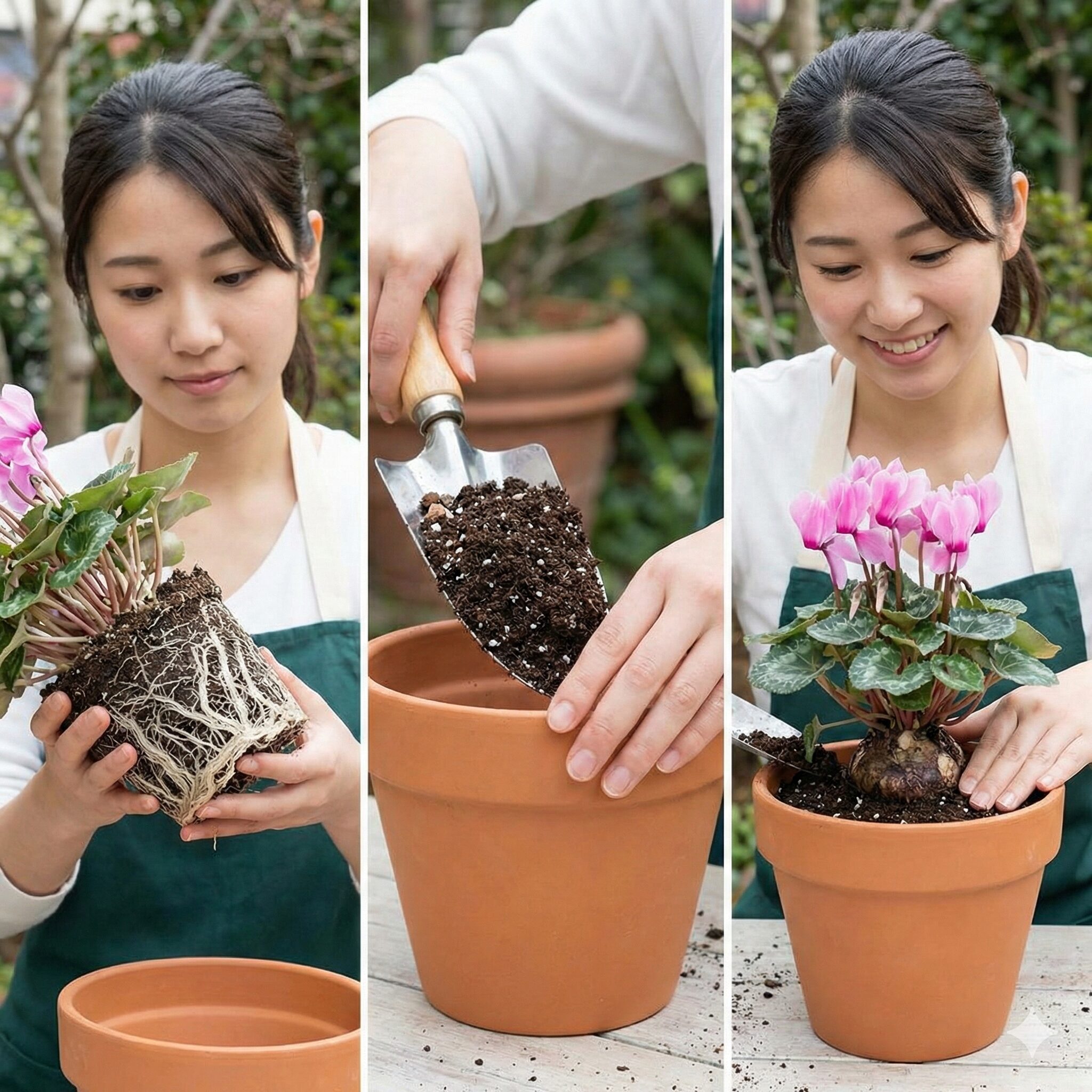 シクラメン植え替え用土8　シクラメンの正しい植え替え手順。根鉢の確認、新しい土への植え付け、重要な浅植えのポイントを写真で解説。