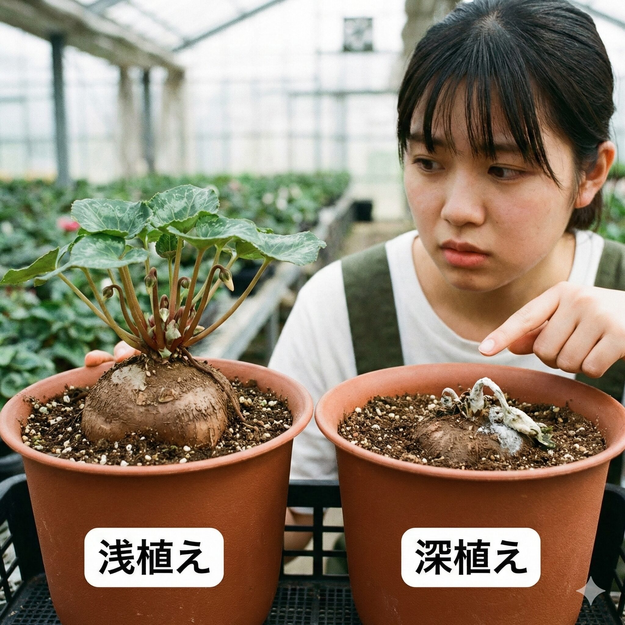 シクラメン植え替え用土9　シクラメンの浅植えと深植えの比較写真。球根の頂部を露出させる浅植えが灰色かび病を防ぎ、健康な成長に不可欠であることを強調。