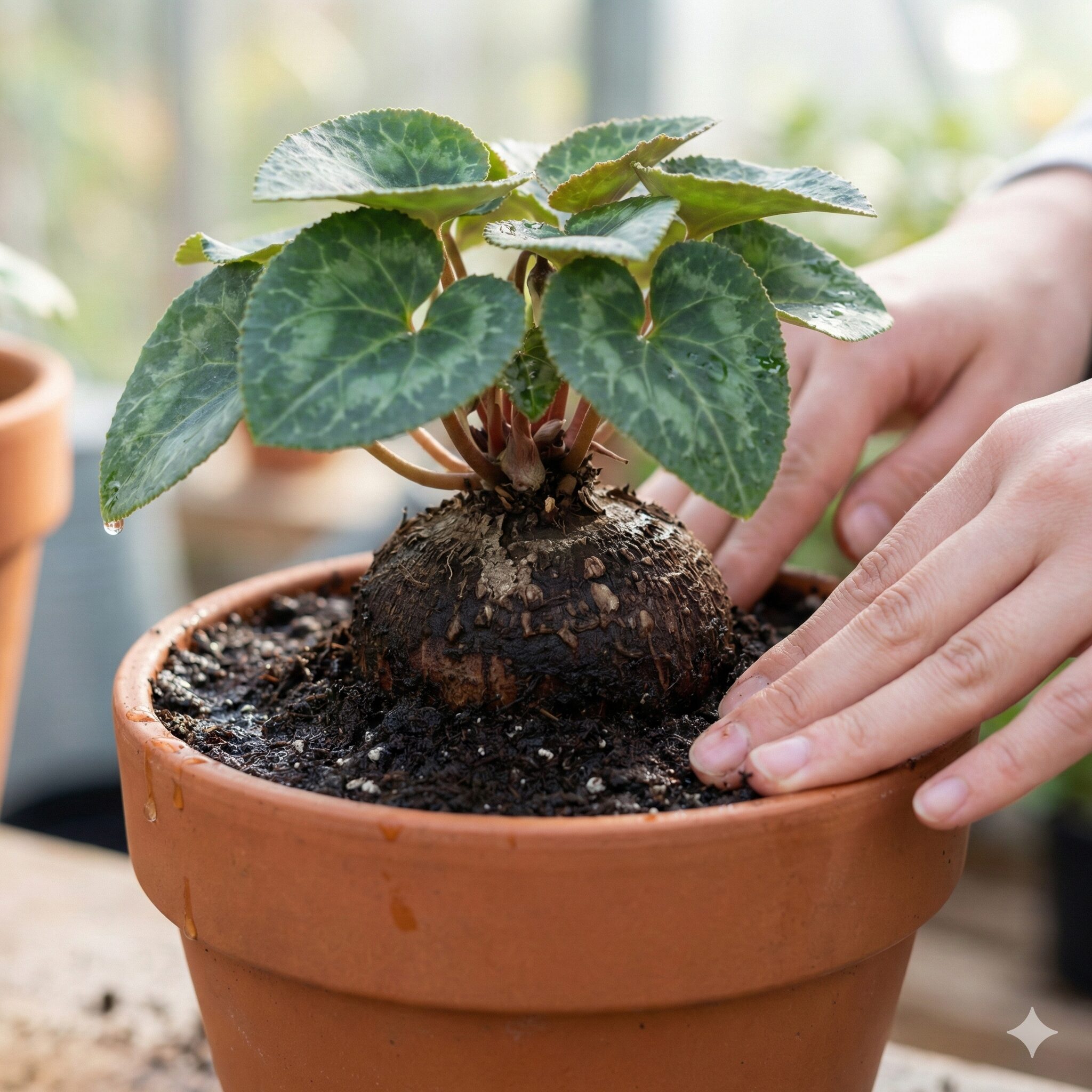 シクラメン育て方 しおれる10　球根の肩部分を土から露出させて浅く植え付けられた、正しいシクラメンの植え替え後の状態
