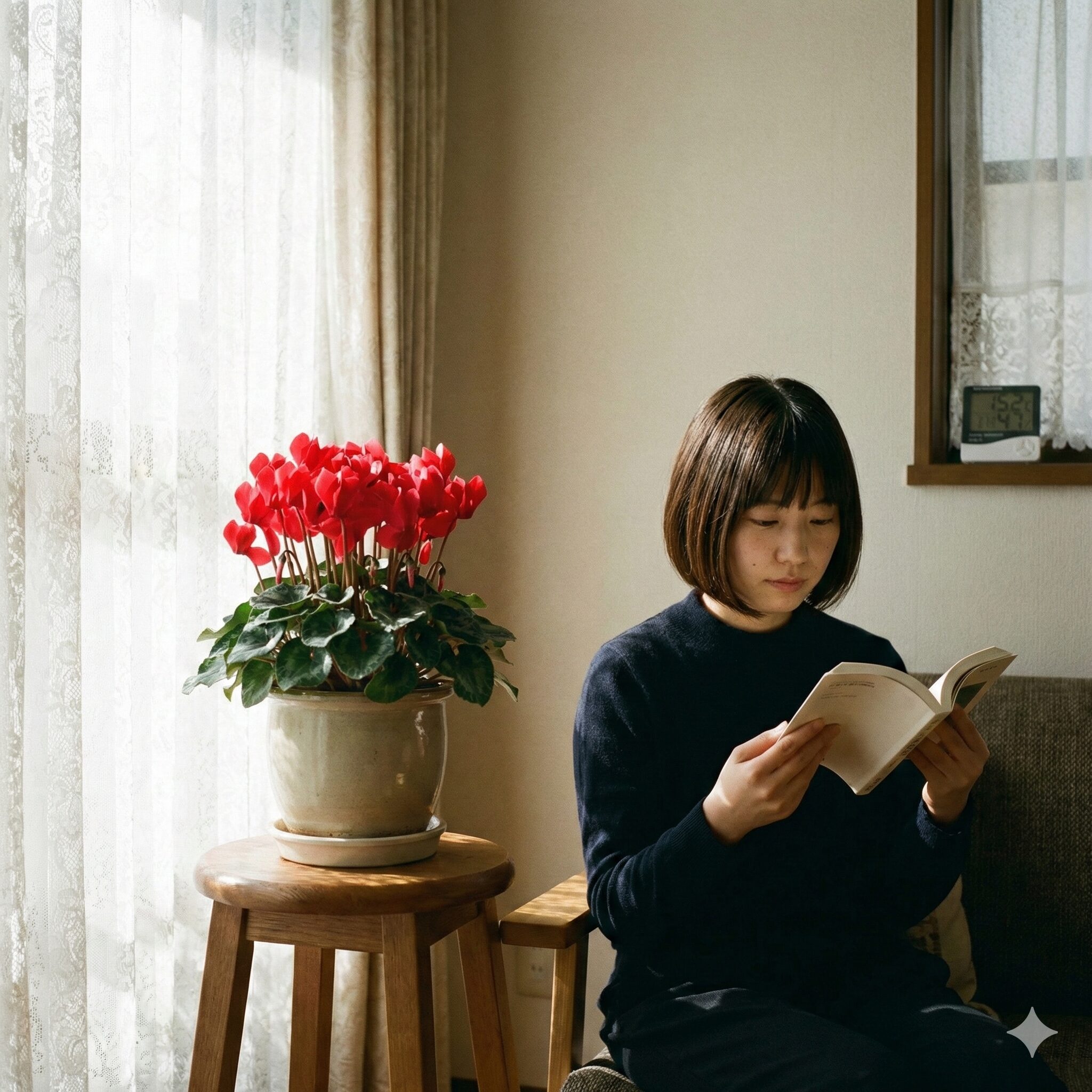 シクラメン育て方 しおれる2　レースのカーテン越しの日光が当たる、暖房から離れた理想的な場所にあるシクラメン