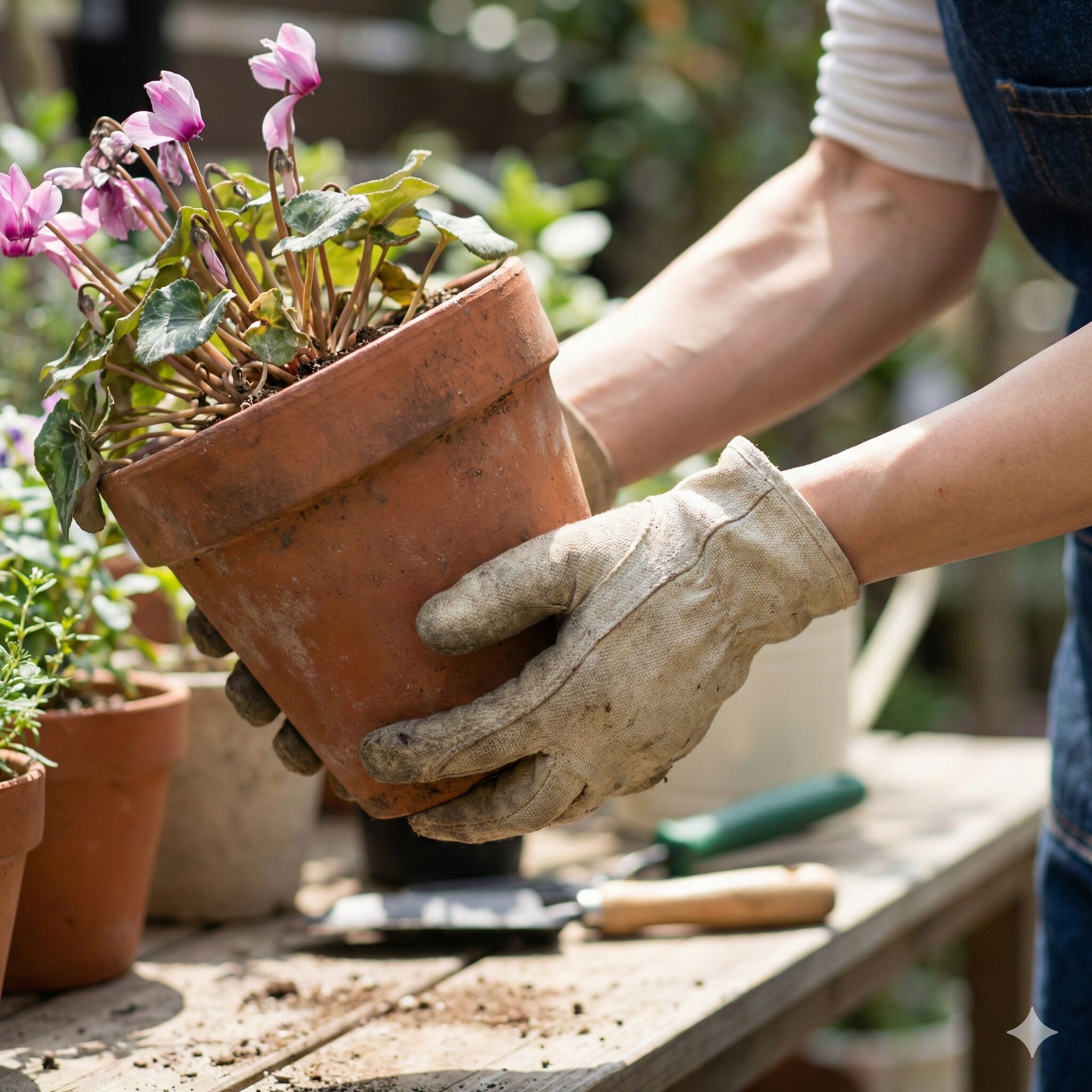 シクラメン育て方 しおれる3　シクラメンの鉢植えを持ち上げて重さを確認し、水切れか根腐れかを診断している様子