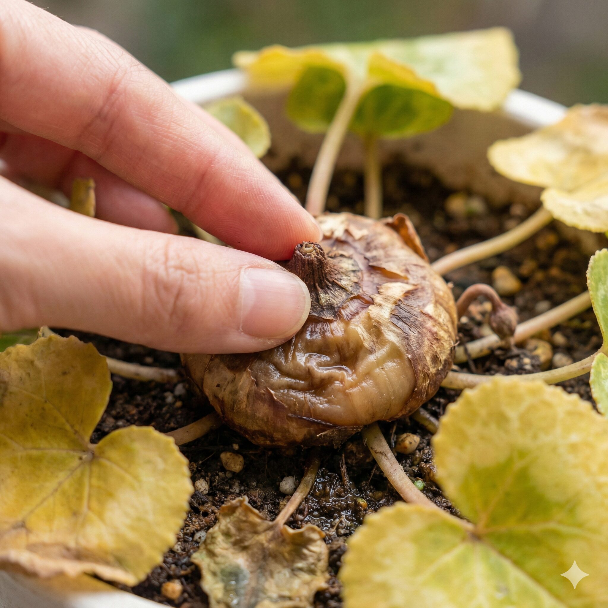 シクラメン育て方 しおれる4　根腐れを起こして柔らかくなったシクラメンの球根を指で触診して確認している様子