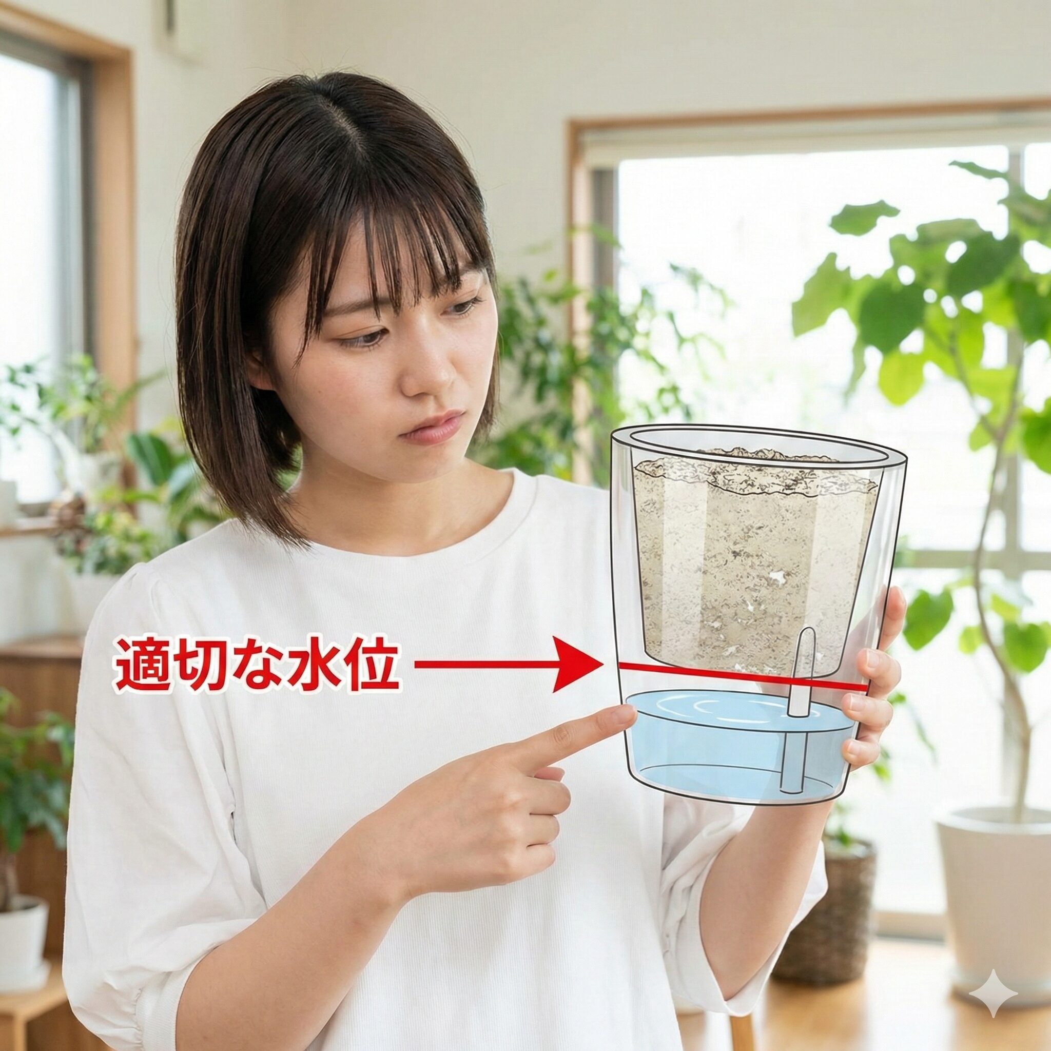 シクラメン育て方 しおれる5　底面給水鉢の貯水タンクの水位を低く保ち、土の過湿を防いでいる正しい管理状態