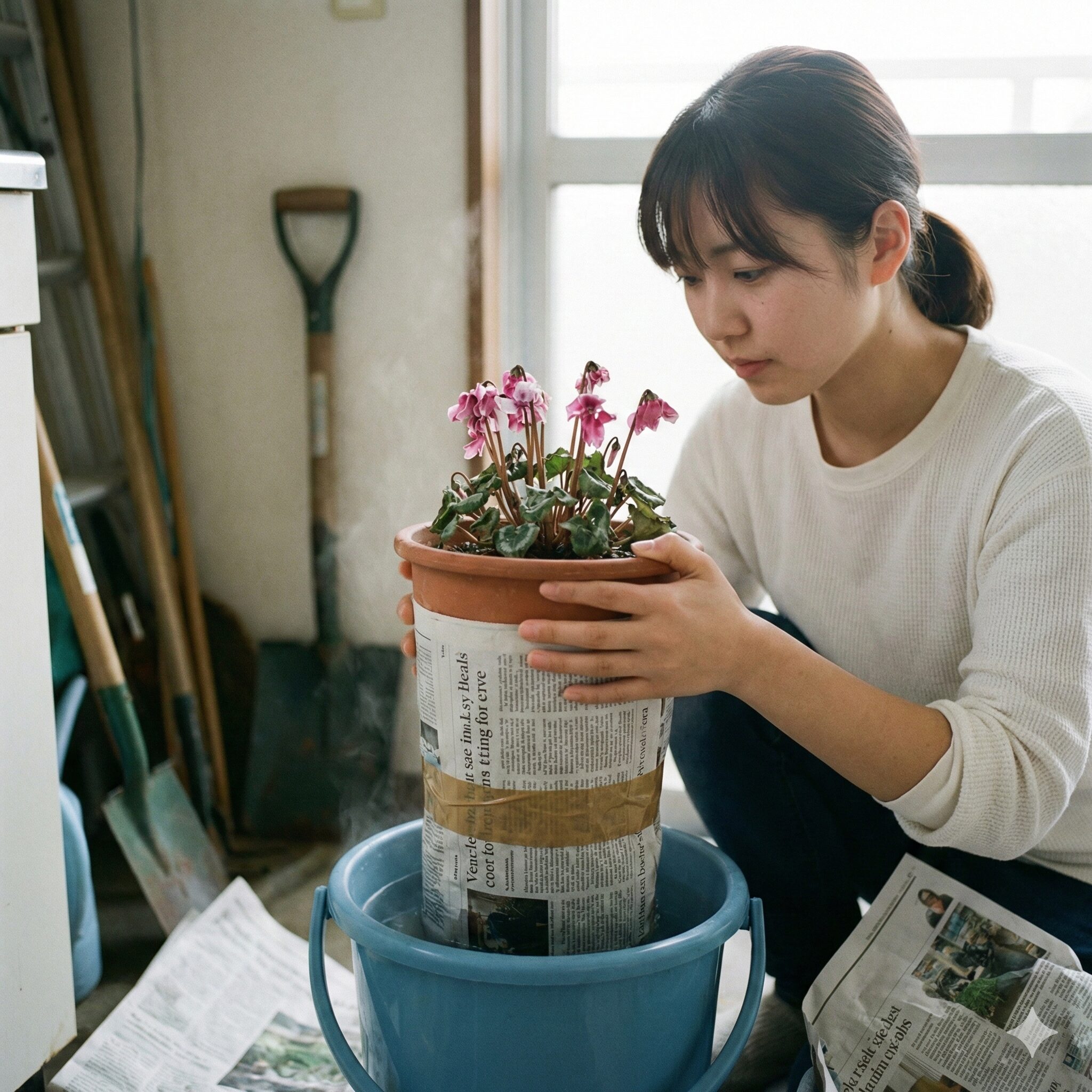 シクラメン育て方 しおれる6　しおれたシクラメンを新聞紙で包み、ぬるま湯のバケツに浸けて緊急蘇生させている様子