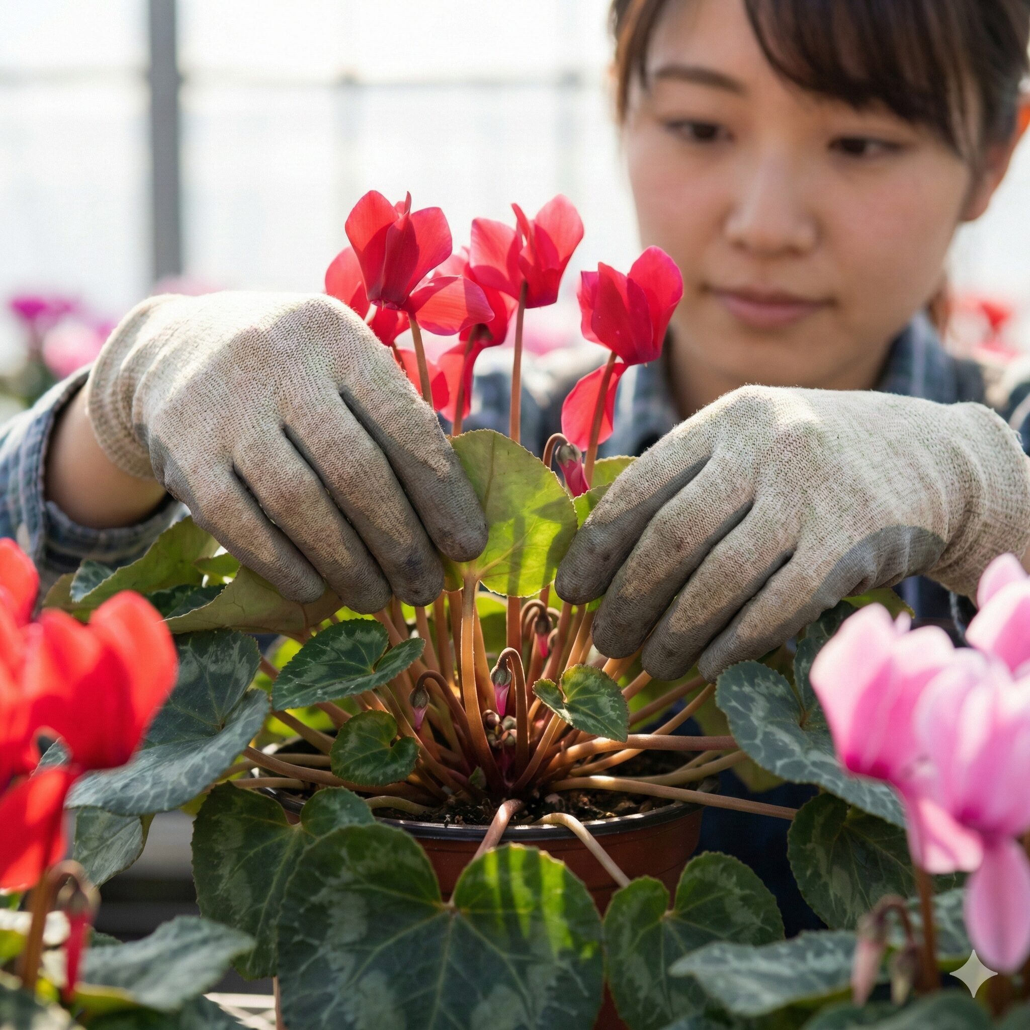 シクラメン育て方 しおれる7　シクラメンの株中心に光と風を通すため、手作業で丁寧に行われている葉組みの様子