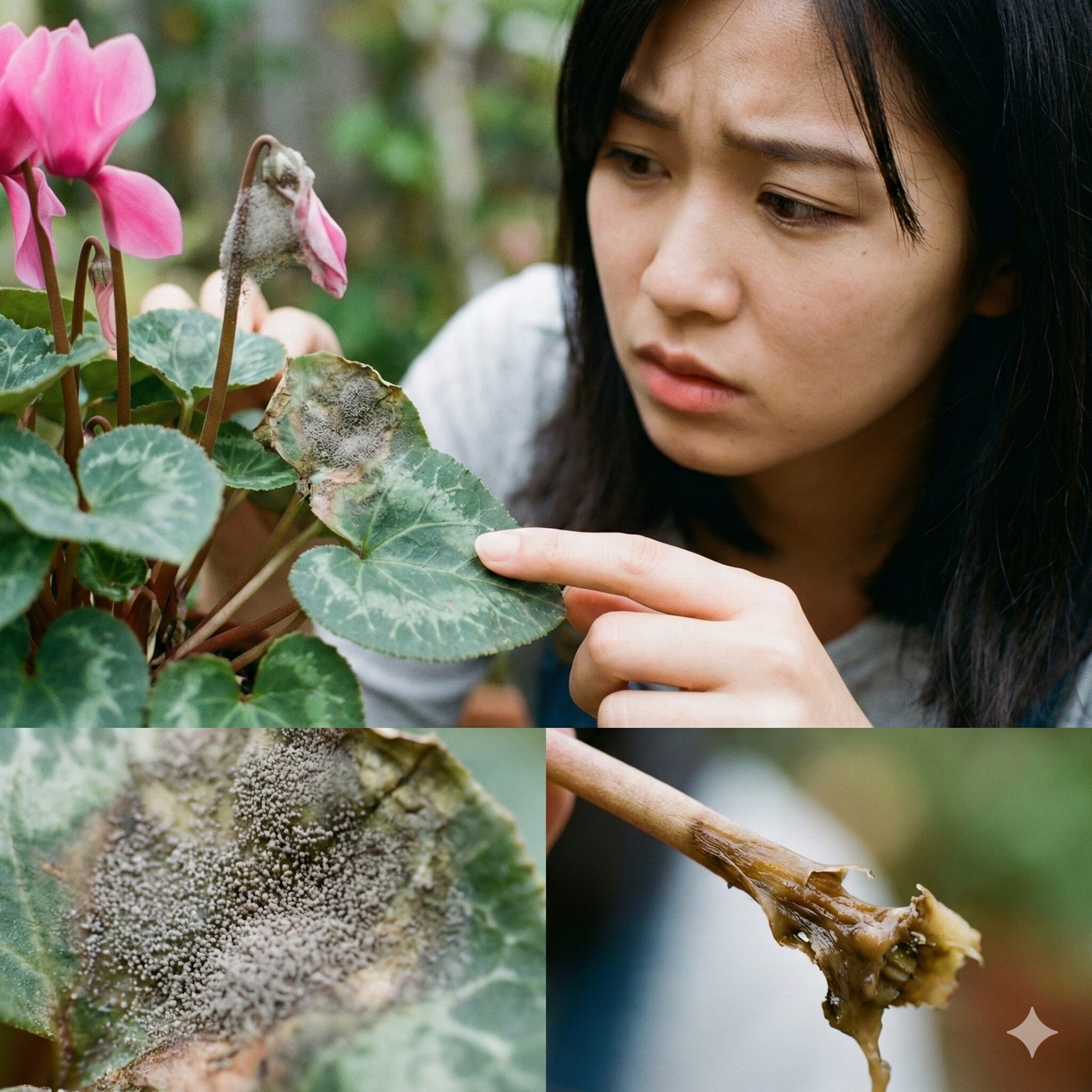 シクラメン育て方 しおれる8　シクラメンの葉や茎に発生した灰色かび病または軟腐病の初期症状のクローズアップ