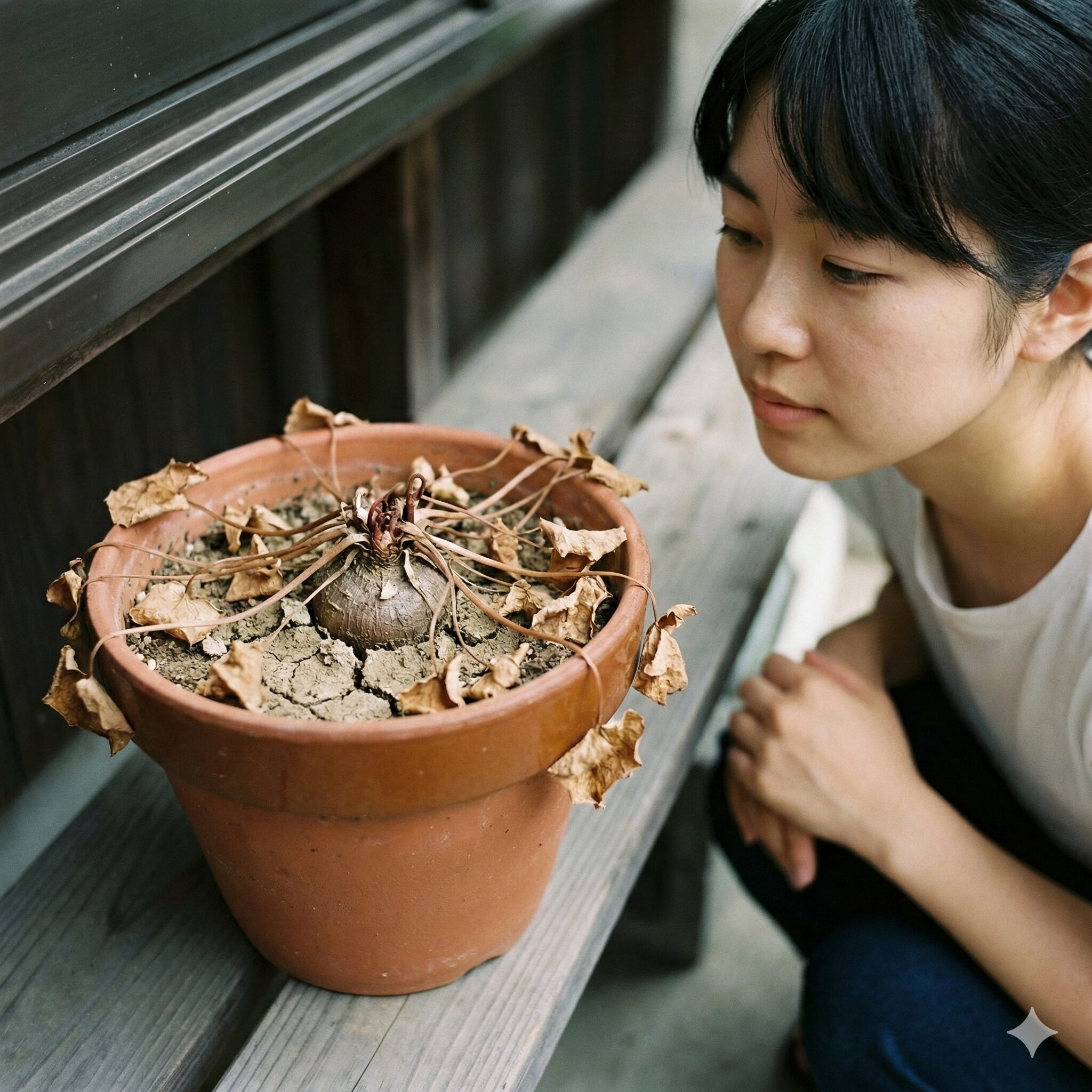 シクラメン育て方 しおれる9　夏越しのために断水し、葉を落として休眠状態にあるシクラメンの鉢植え