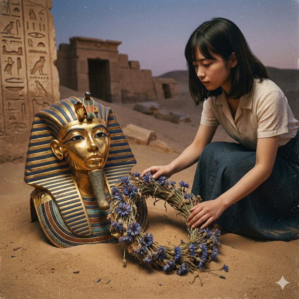 ヤグルマギク効能3　古代エジプトのツタンカーメン王の墓から発見されたとされる、乾燥したヤグルマギクの花輪のイメージ。数千年の時を超えて愛された歴史的背景を象徴する。