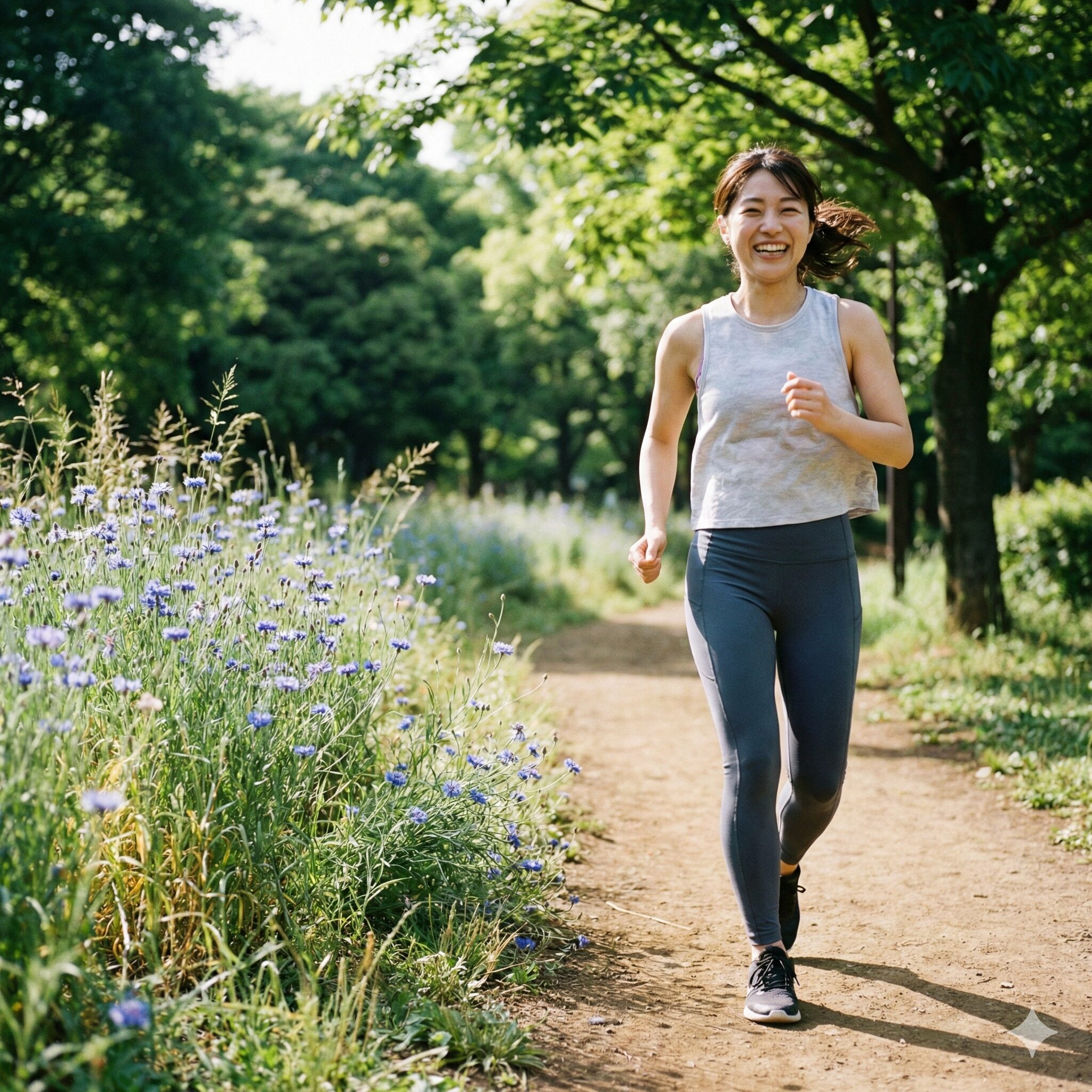 ヤグルマギク効能6　ヤグルマギクが咲く公園で元気にウォーキングを楽しむ健康的なシニア女性。サルコペニア予防など、全身の健康維持に役立つ可能性をイメージさせる写真。