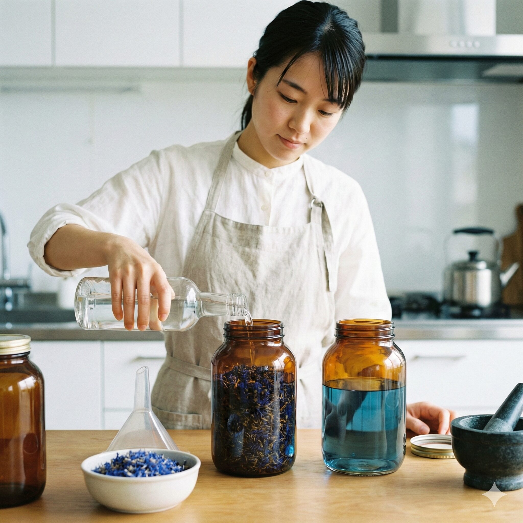 ヤグルマギク効能8　遮光瓶に乾燥ヤグルマギクとアルコールを漬け込み、手作り化粧水の素となるハーブチンキを作成している様子。植物の力を引き出す丁寧な手仕事のプロセス。