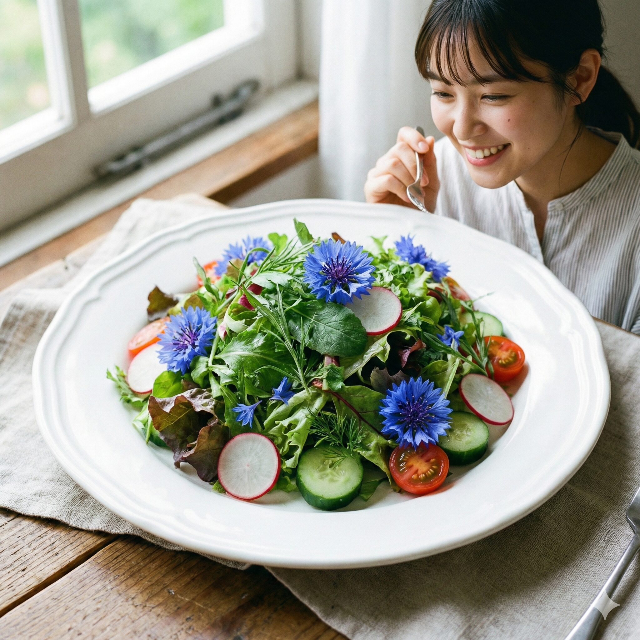 ヤグルマギク効能9　新鮮な野菜サラダに、鮮やかな青色のヤグルマギクのエディブルフラワーをトッピングした料理写真。食卓を華やかに彩る安全な活用例。