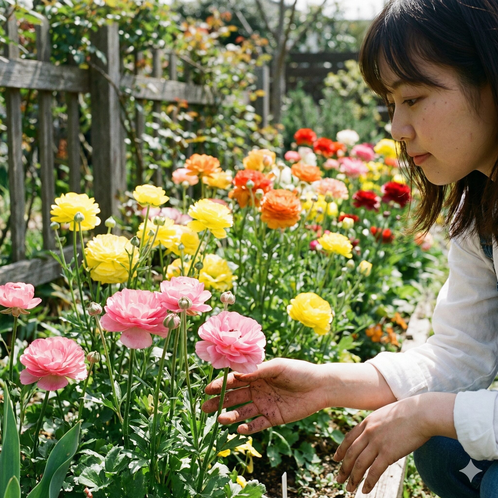 ラナンキュラス ラックス 人気 順1　春の庭で光沢のある花びらを輝かせるラナンキュラス「ラックス」シリーズの人気品種たち