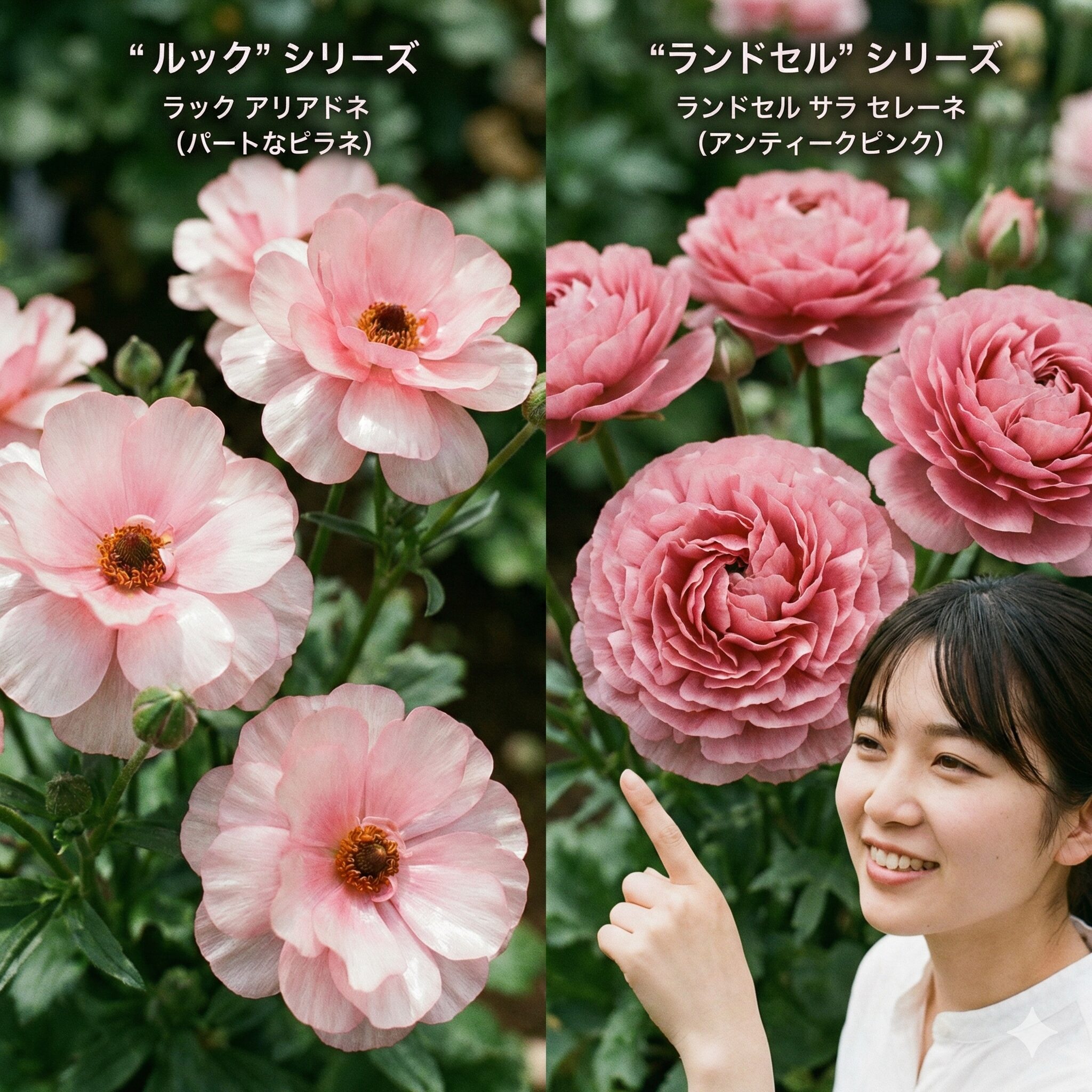 ラナンキュラス ラックス 人気 順10　強い光沢を持つ「ラックス」と厚みのある花弁の「ランドセル」シリーズのラナンキュラスの花の比較