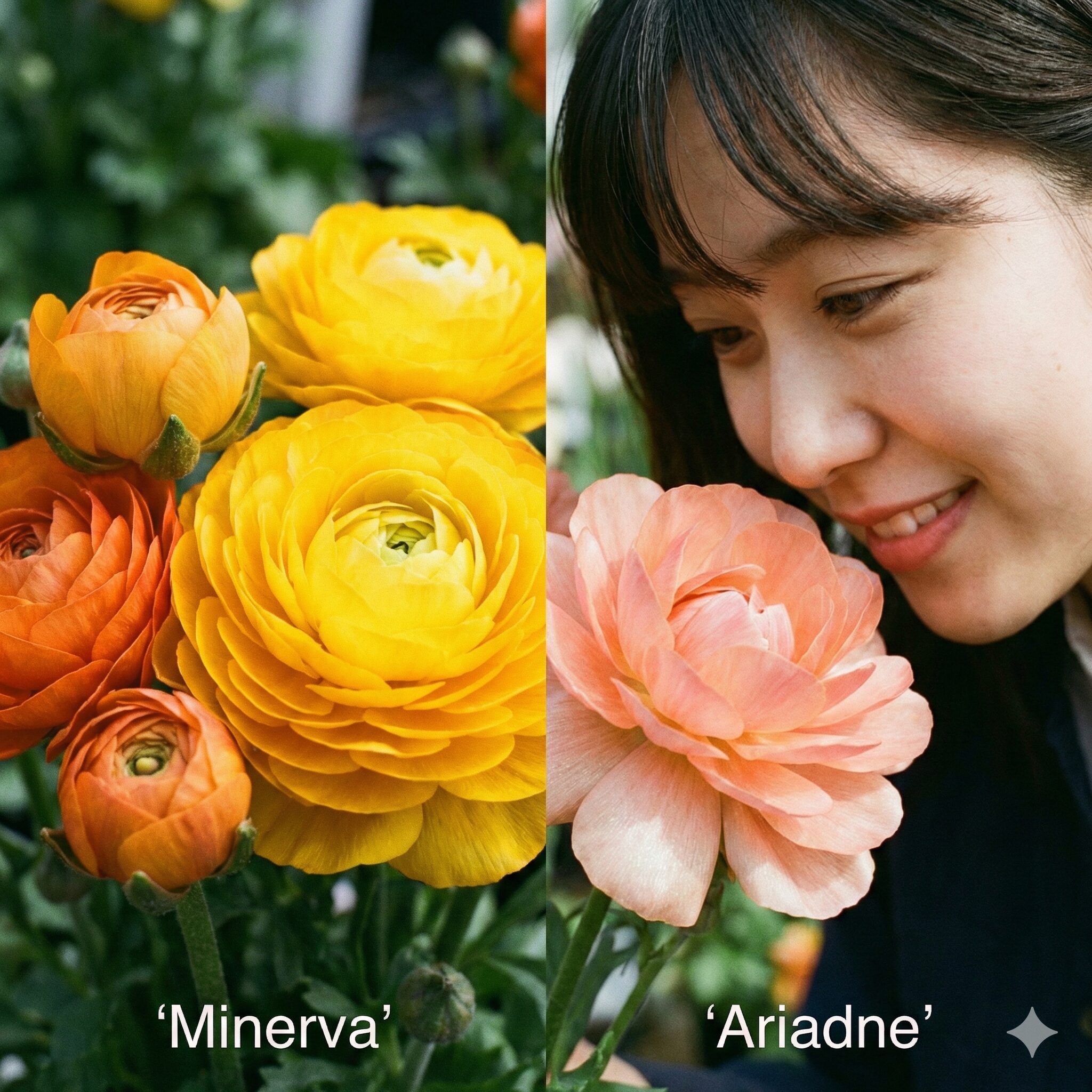 ラナンキュラス ラックス 人気 順2　ラナンキュラスラックスの人気品種、鮮やかな黄色の「ミネルバ」と透明感のあるピーチピンクの「アリアドネ」の花の比較