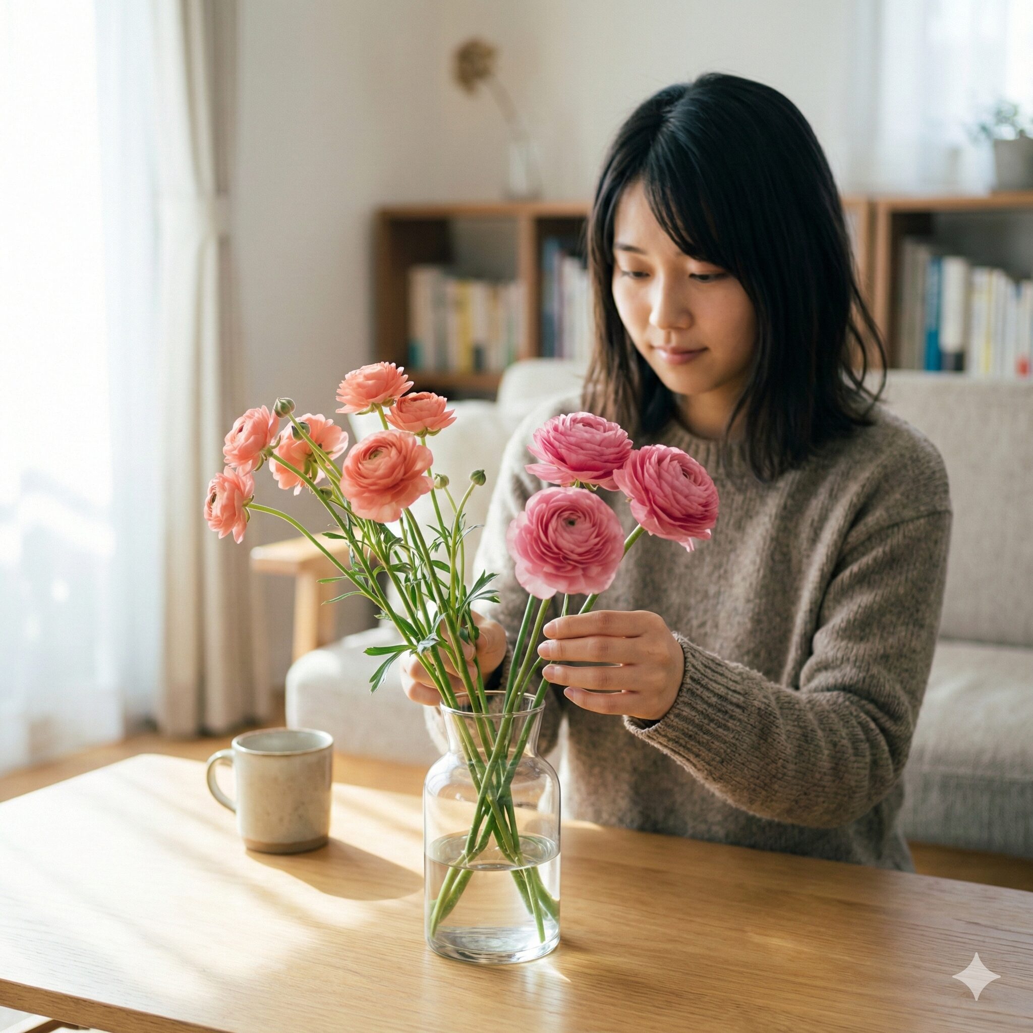 ラナンキュラス ラックス 人気 順3　リビングのテーブルに飾られた、切り花としても人気のラナンキュラスラックス「エリス」と「ヘラ」