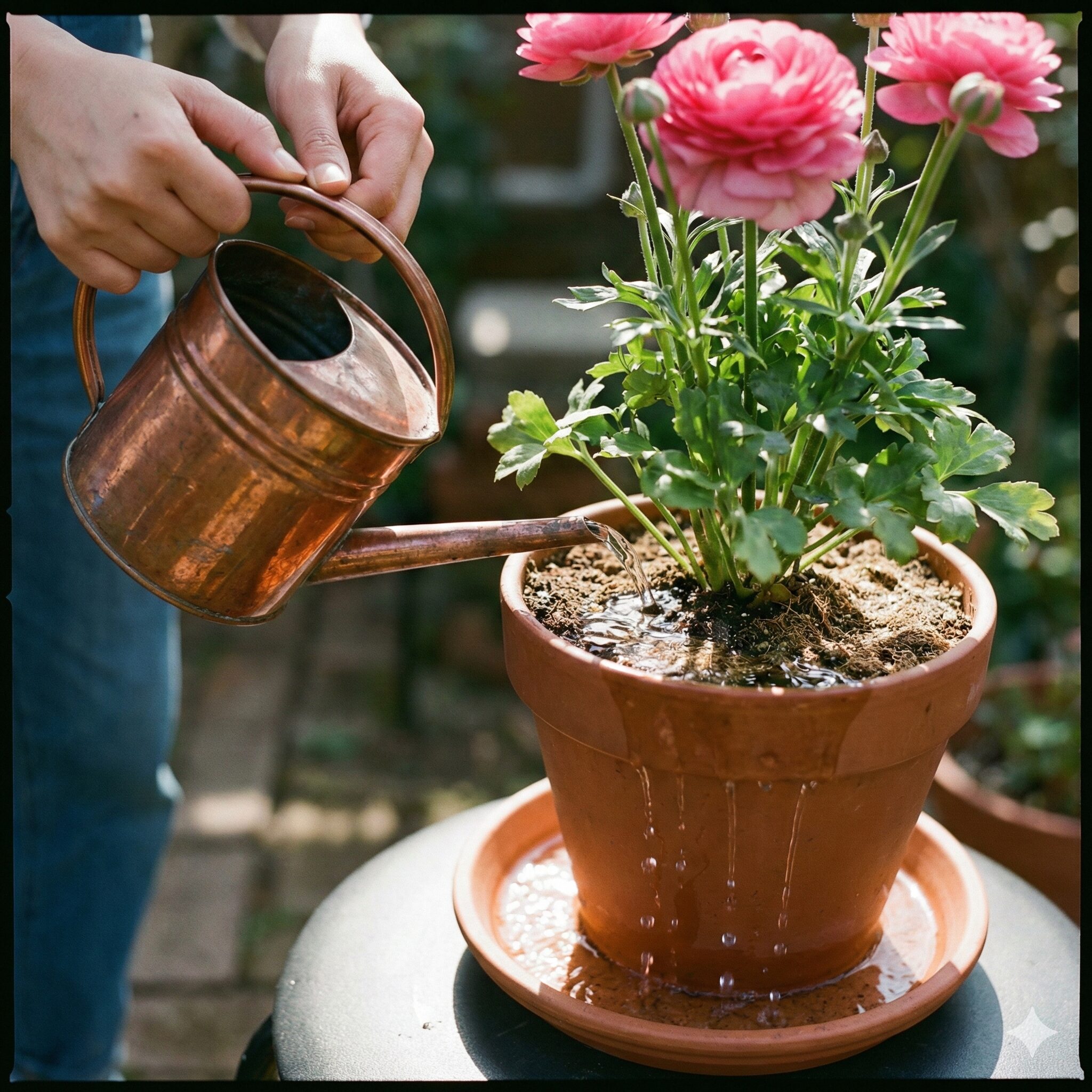 ラナンキュラス ラックス 人気 順8　鉢植えのラナンキュラスラックスの株元にジョウロでたっぷりと水やりをしている様子