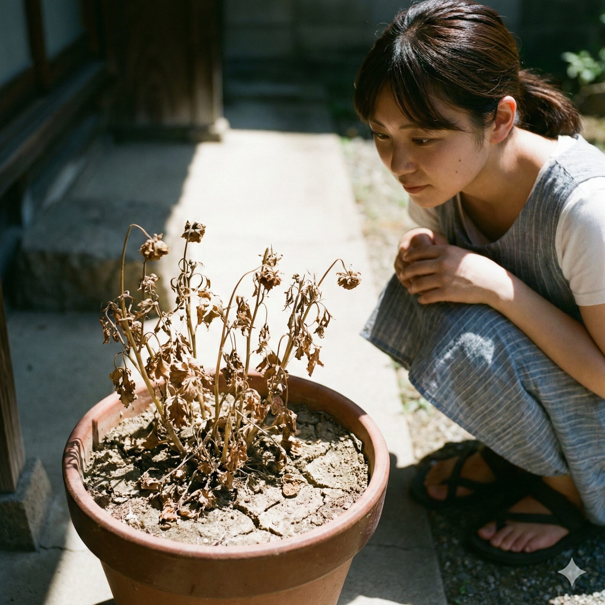 ラナンキュラス ラックス 土配合10　夏越しを成功させるため、雨の当たらない風通しの良い日陰で完全断水管理されている休眠中のラナンキュラス・ラックスの鉢。