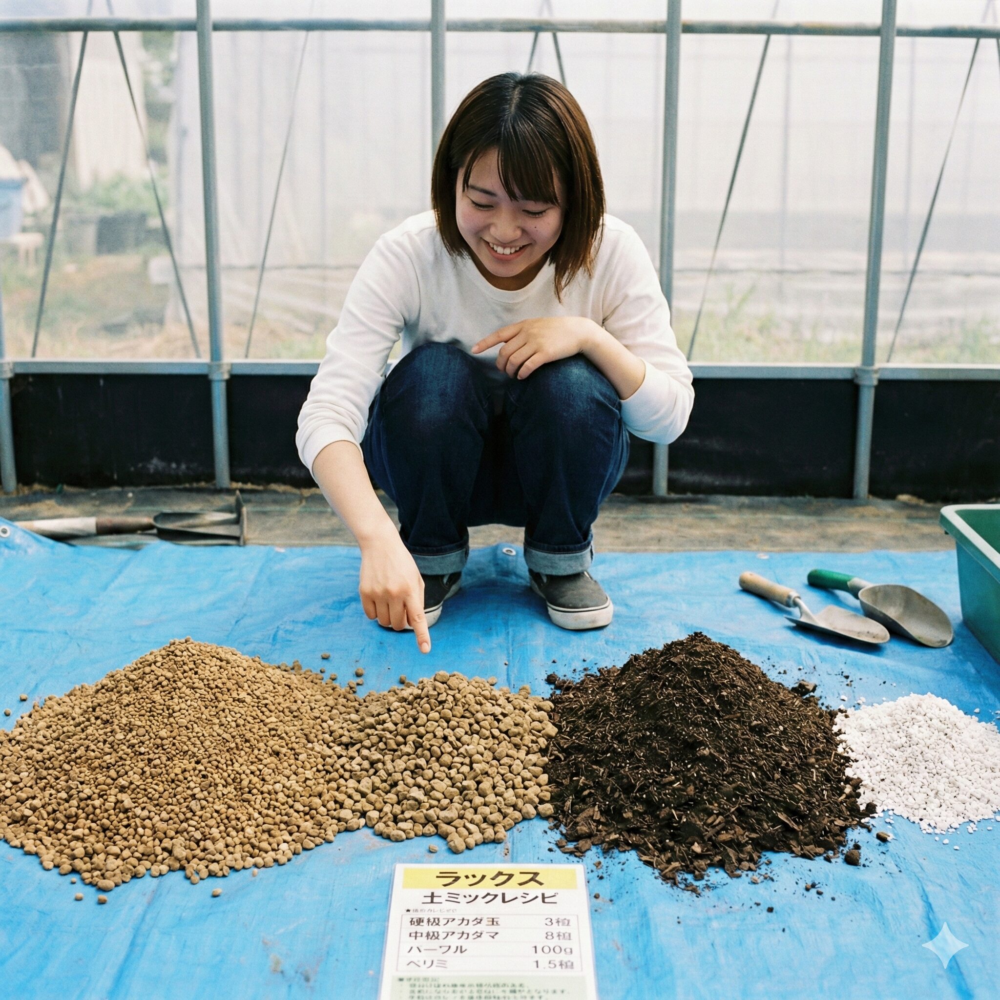 ラナンキュラス ラックス 土配合3　鉢植えラナンキュラス・ラックス用の土配合材料。赤玉土の小粒と中粒、腐葉土、パーライトの黄金比準備。