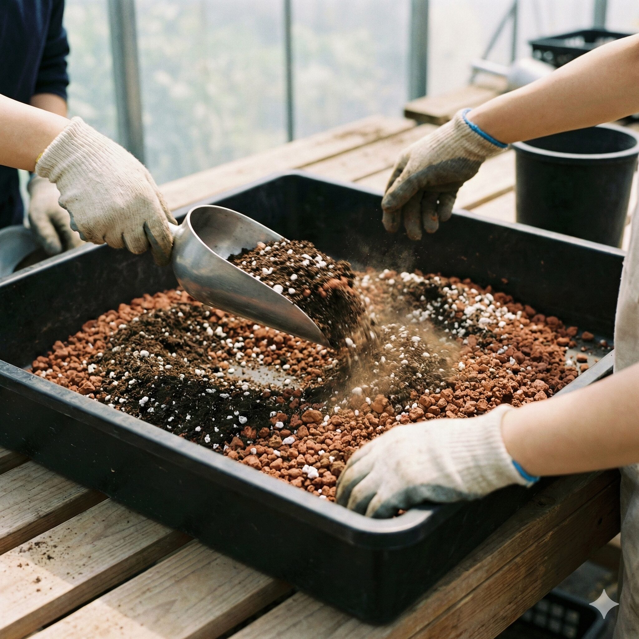 ラナンキュラス ラックス 土配合4　ラナンキュラス・ラックスのために、赤玉土や腐葉土などの資材をスコップで均一に混ぜ合わせている土作りの作業風景。