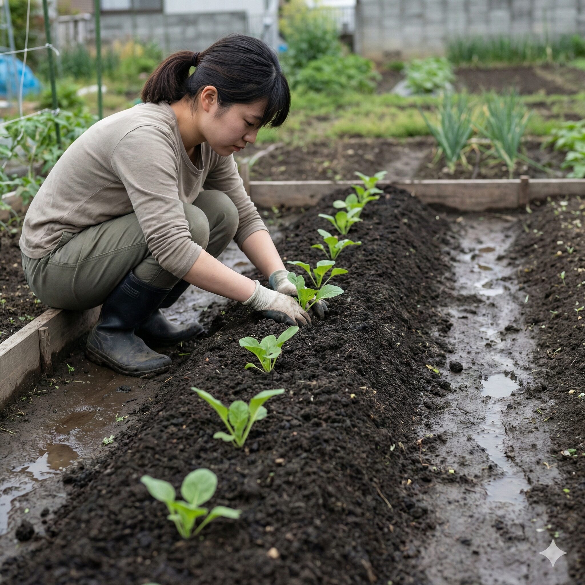 ラナンキュラス ラックス 土配合5　地植えのラナンキュラス・ラックスを梅雨の過湿から守るため、周囲より土を高く盛って作られた水はけの良い高畝。
