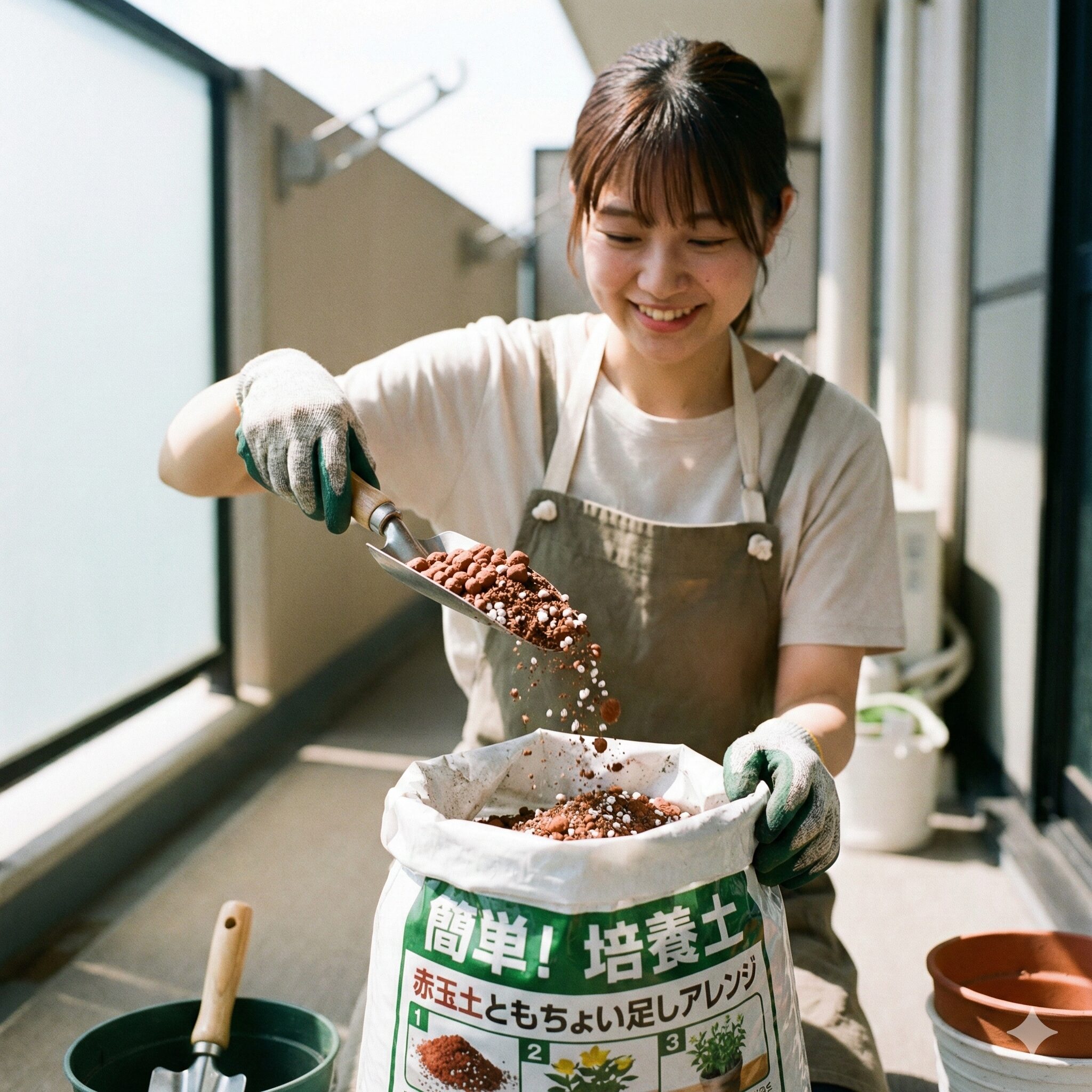 ラナンキュラス ラックス 土配合7　市販の草花用培養土に赤玉土とパーライトを加えて、ラナンキュラス・ラックス専用に水はけを調整している様子。