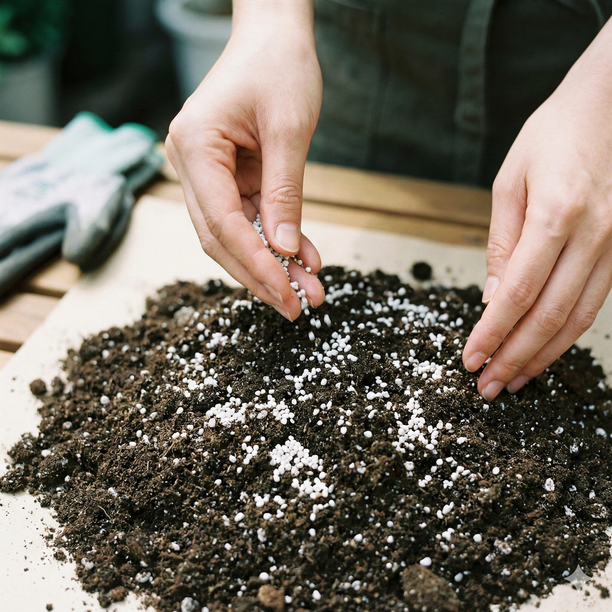 ラナンキュラス ラックス 土配合8　ラナンキュラス・ラックスの植え付け時に、土に混ぜ込む元肥として推奨される緩効性肥料マグァンプKの粒。