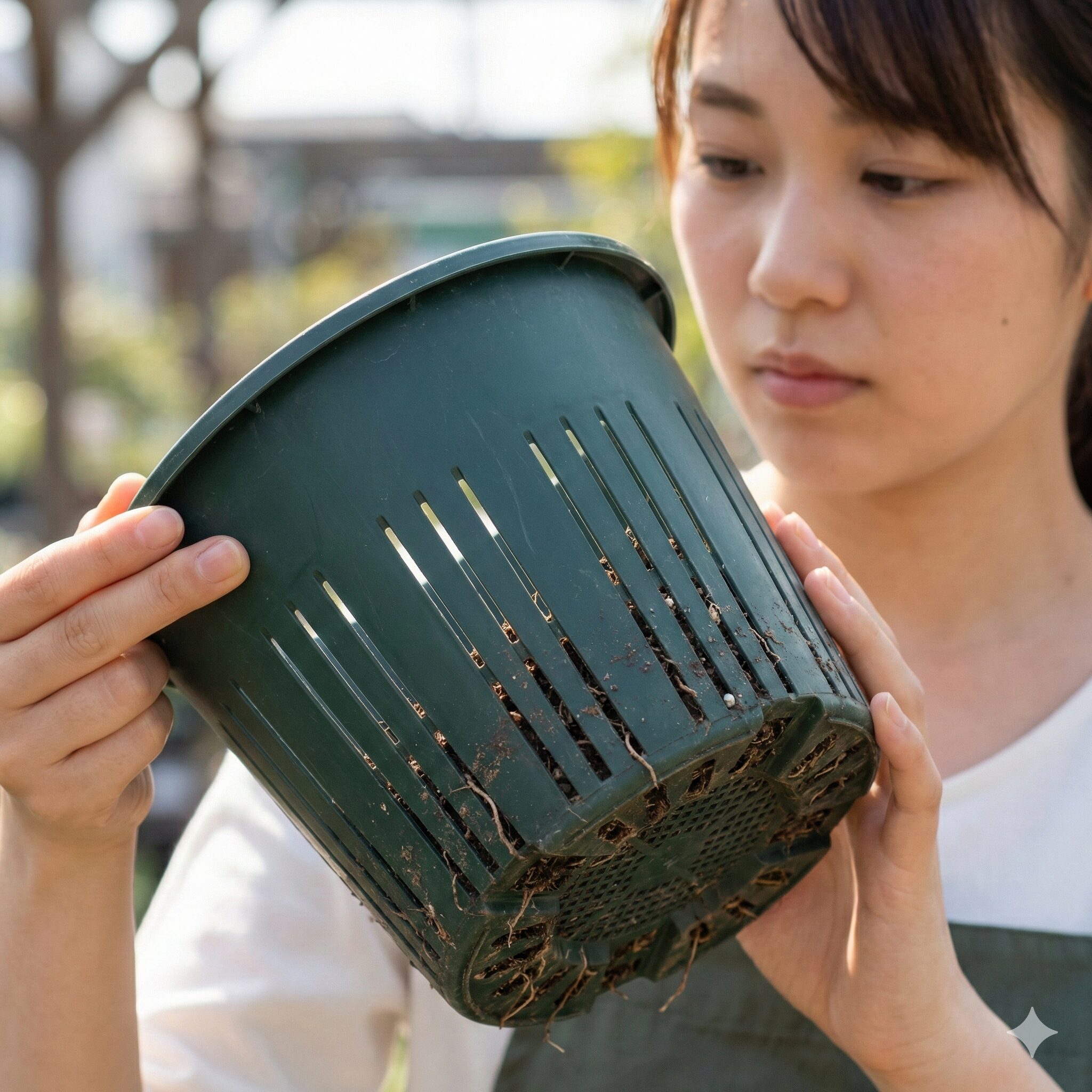 ラナンキュラス ラックス 土配合9　根のサークリングを防ぎ、通気性と排水性を高める機能を持つ、ラナンキュラス・ラックス栽培に適したスリット鉢の構造。
