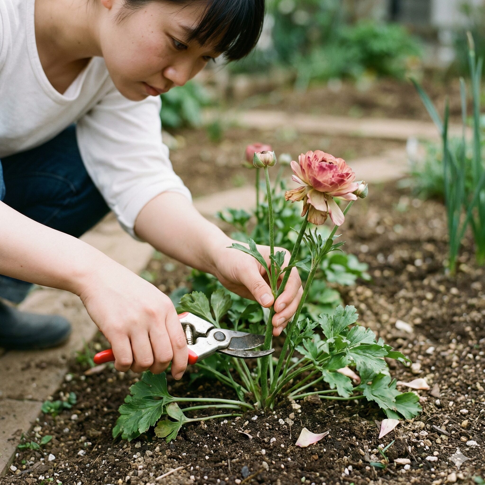 ラナンキュラス ラックス 植え替え 時期10　　灰色かび病を予防するために丁寧に行われるラナンキュラス・ラックスの花がら摘み作業