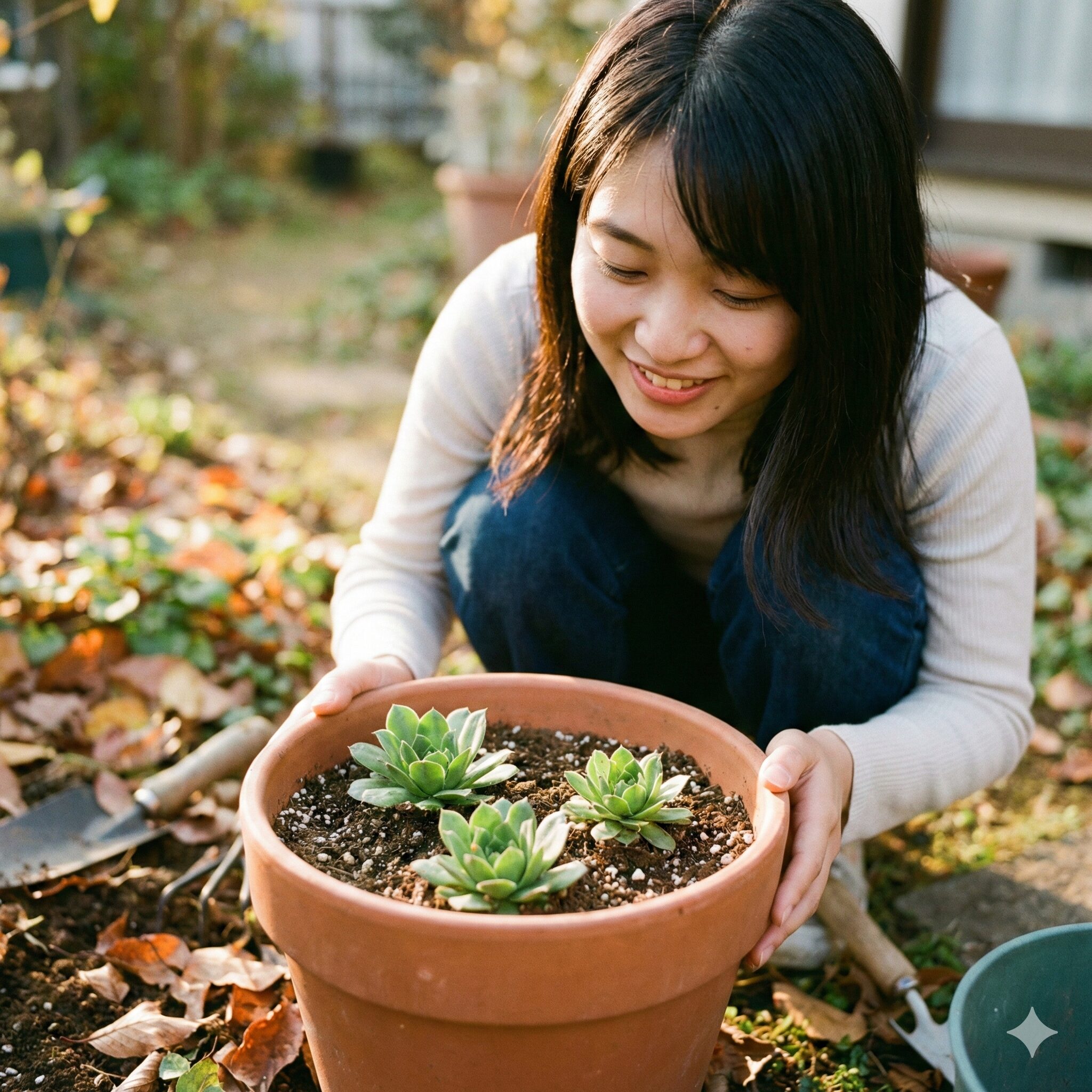 ラナンキュラス ラックス 植え替え 時期2　10月の休眠明けに鉢土から新しい芽を出し始めたラナンキュラス・ラックスの様子