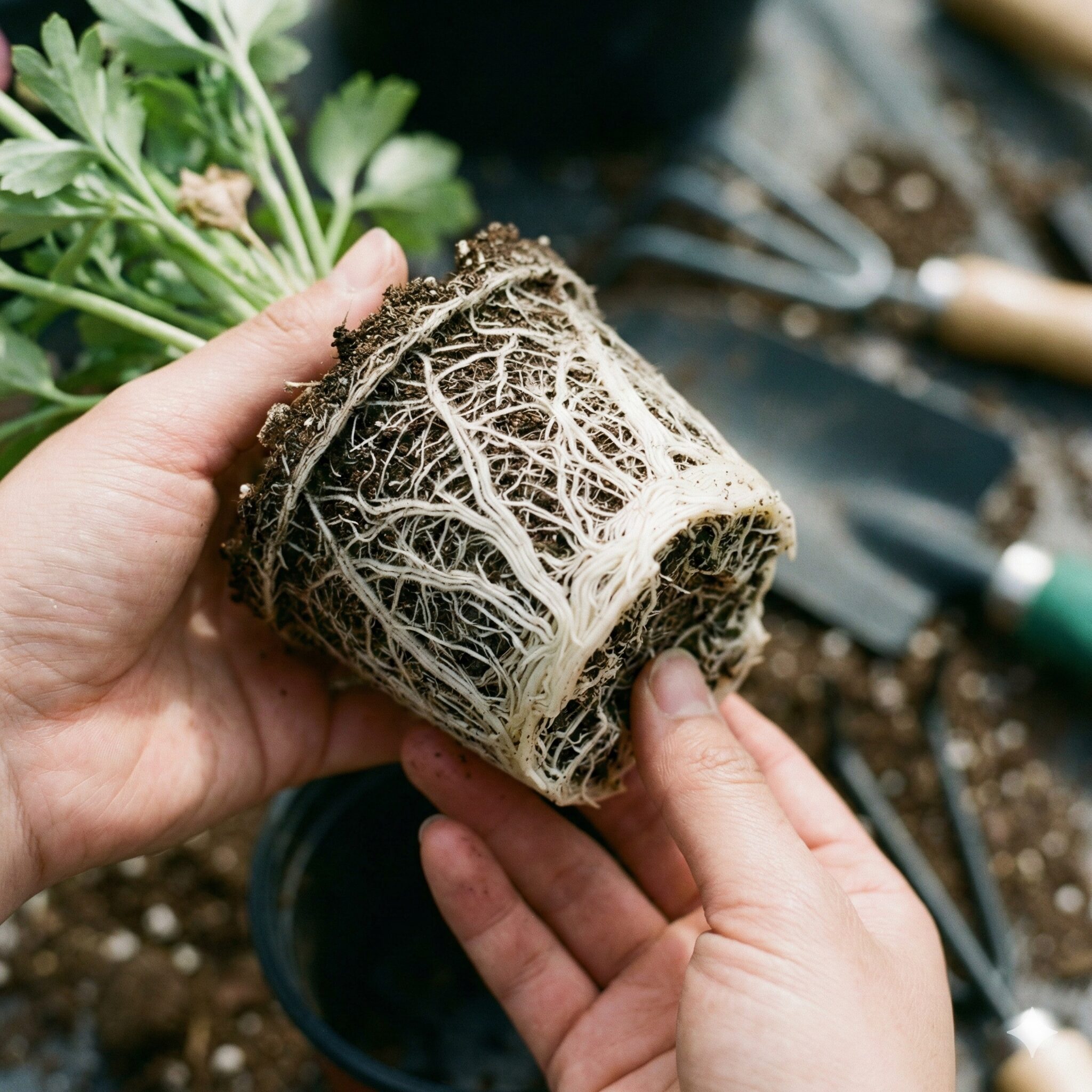 ラナンキュラス ラックス 植え替え 時期3　ポットの中で白い根がびっしりと回ったラナンキュラス・ラックスの根詰まり苗