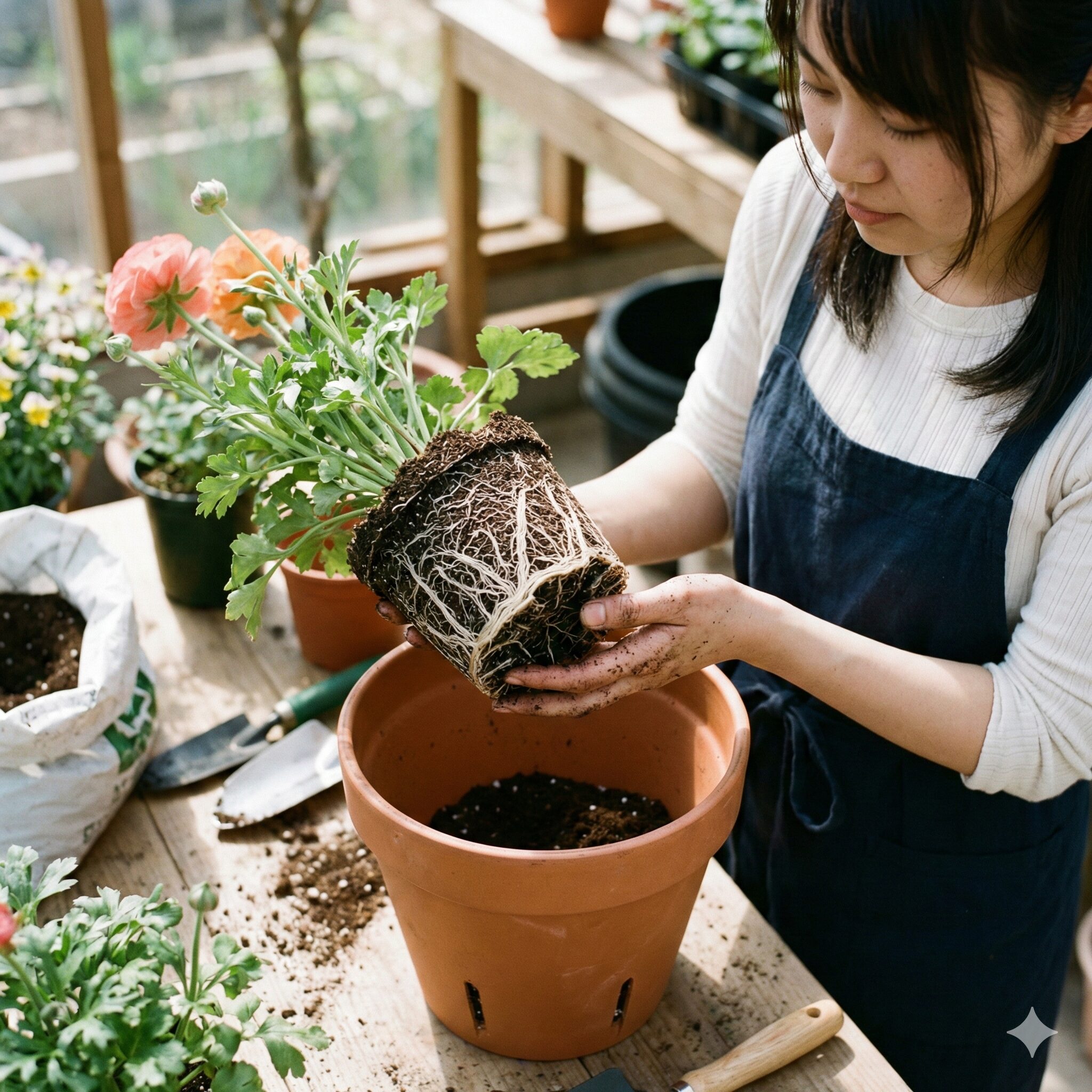 ラナンキュラス ラックス 植え替え 時期4　根鉢を崩さないように注意しながら大きな鉢へ植え替えるラナンキュラス・ラックス