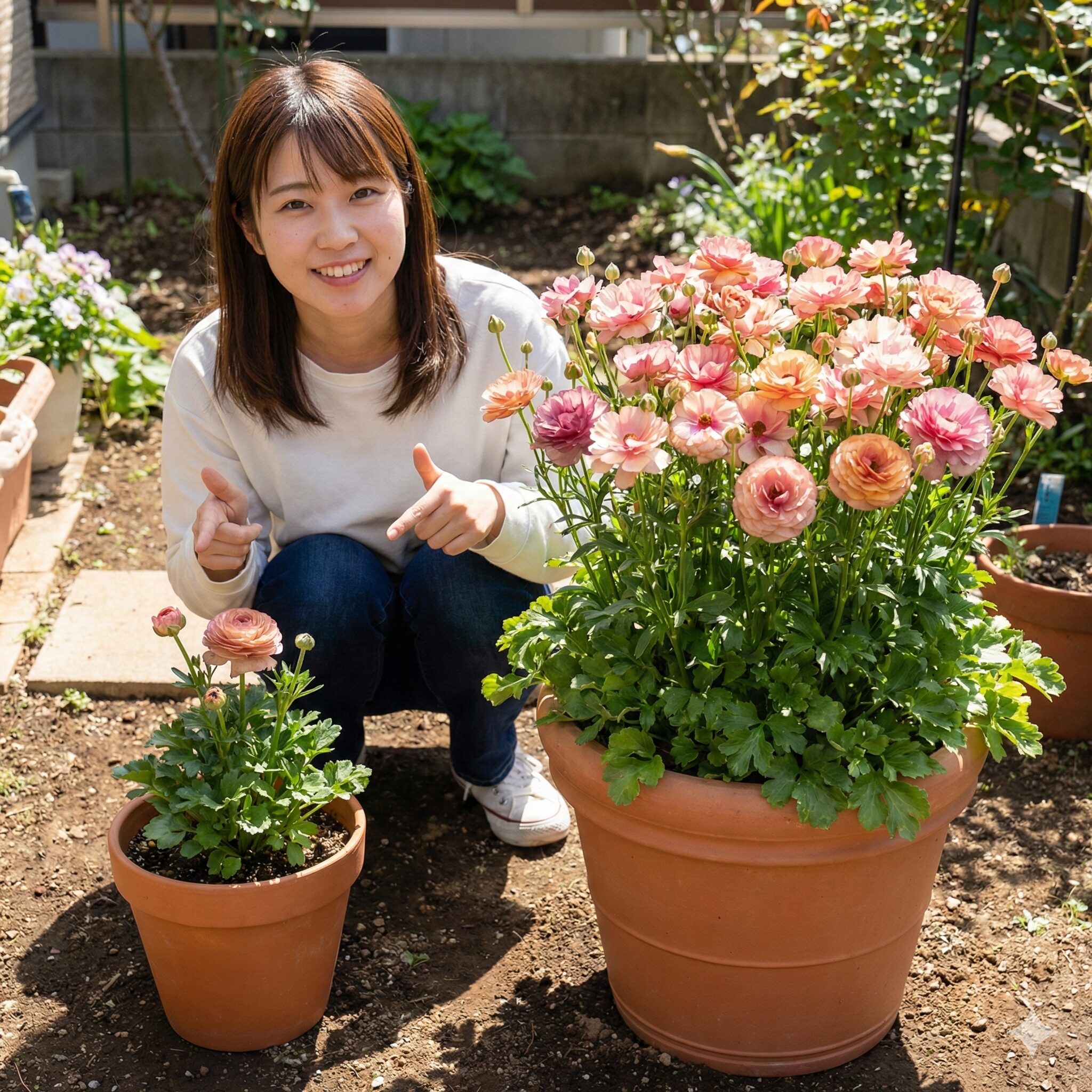 ラナンキュラス ラックス 植え替え 時期6　鉢のサイズによるラナンキュラス・ラックスの成長とボリューム感の比較