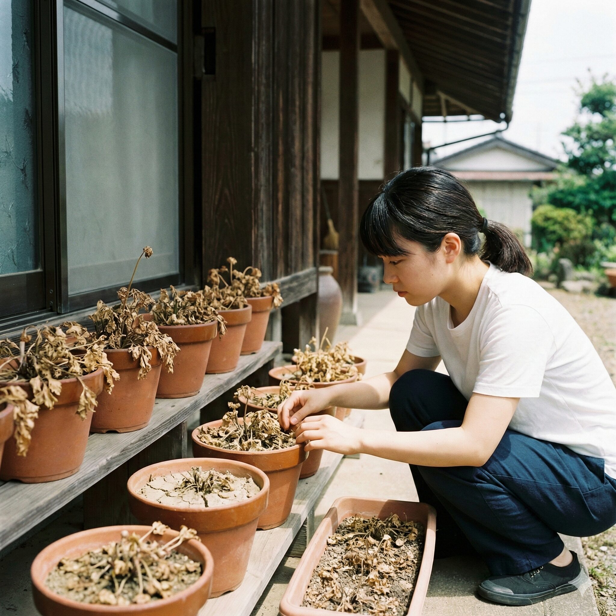 ラナンキュラス ラックス 植え替え 時期7　夏の休眠期間中に軒下の日陰で断水管理されるラナンキュラス・ラックスの鉢