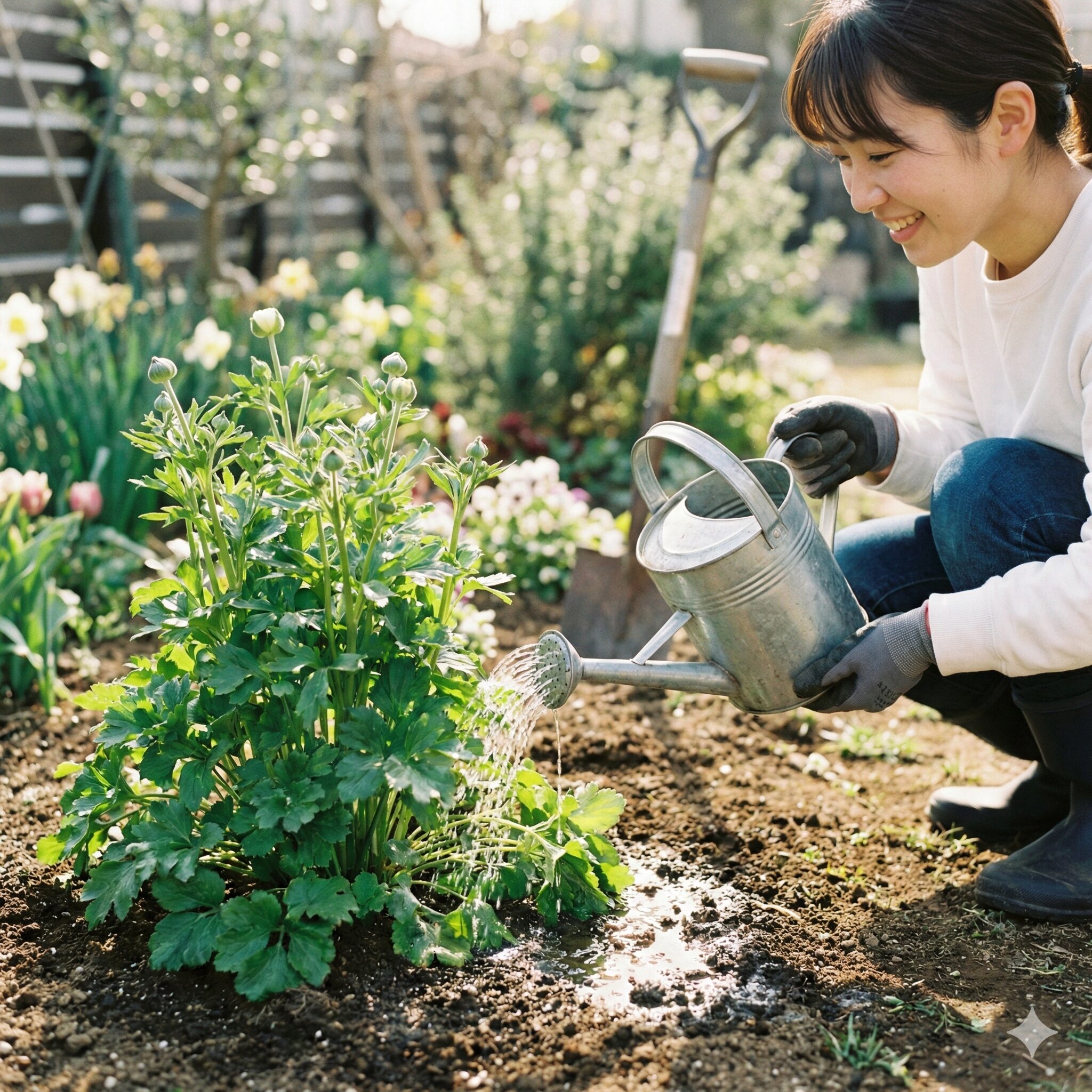 ラナンキュラス ラックス 植え替え 時期9　春の成長期に液体肥料で追肥メンテナンスを行うラナンキュラス・ラックス